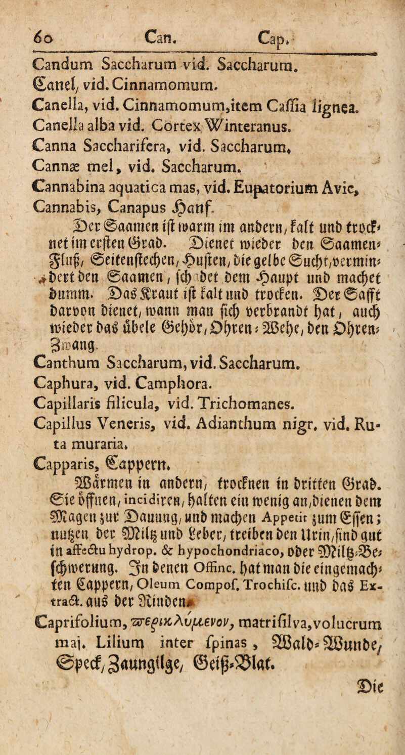 Candum Saccharurn vid. Saccharurn. Sattel/ vid. Cinnamomum. Canella, vid. Cinnamomum,item Caffia ügnea. Canella alba vid. Cortex Winteranus. Canna Saccharifcra, vid. Saccharurn* Cannse mel, vid* Saccharurn. Cannabina aquatica mas, vid. Euf*atoriuHi Avic, Cannabis, Canapus Jpmtf* Der ©«amen iff marm mt anbern, Falt unb ttocF^ net im ctffen (*kab. Dienet roieber ben ©aamett* glnf, ©eitenffechen/ dbuffett/ bte gelbe ©ucht/Oetmim •*beetben ©aamen, fcb bet Dem dpaupt unb machet bumm. Da$$taut tfHalt unb ttoifen. Der ©afft batoott bienet/ mann man fiel) oerbranbt i>at, auch toiebet ba$ übele ©el)br, Dbten < 2Behe, ben Öhren? ^ Sroattg. Canthum Saccharurn, vid. Saccharurn. Caphura, vid. Camphora. Capillaris filicula, vid. Trichomanes. Capillus Veneris, vid. Adianthum nigr. vid. Ru¬ ta muraria* Capparis, Sappertt* 5ßdrmen in anbern/ frocFnett tu britfen @5tab. ©te offnen/ mddiren/ halten ein mentg an/bietten bem ^Kagetuur Dammg/unb machen Appetit jum^ffen; nu^en ber unb lieber/ tuiben ben Uritt/ftnb gut tUaffv&uhydrop. & hypochondriaco, ober fchmerung. 3« betten offinc. hat man bte eingemacht fen €appetn/Oleum Compof. Trochifc. unb ba$ Ex- tra£E au£ ber^iinben* Caprifolium, ^e^tKÄvf^evoVy matrifiIva,volucrum maj* Lilium inter fpinas , 28alb* SSutlbe/ ©pecf/Saunsilge/ 0cif»9(af' Die