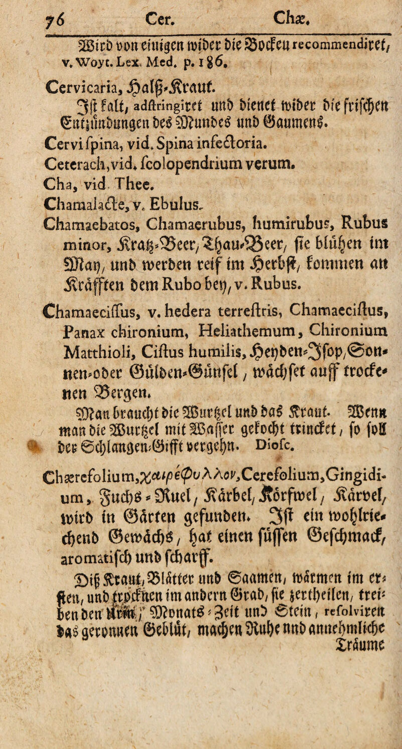 y6 Cer. Chx. 2Bicb »on emt§en roiber tue Sotf cu recommendiret,' v. Woyt.Lex* Med. p. lg 6, Cervicaria, Jpalf 'Äraut 3(11alt, adftringicet unb bienet föiber bfe frifc^ctt €ut§unbungen be$ SKunbcS unb 0aumen£. Cervi fpina, vid. Spina infe£toria. Cetcrach, vid. fcolopendrium verum. Cha, vid Thee. Chamaiafte, v, Ebulus. Chamaebatosj Chamaerubus, humirubus, Rubus minor, ^ra^^eer/^au^eer/ jie binnen tut SRai)/ unb werben reif tm Jjperbß/ fommen alt ^rafften bem Rubo bet), v. Rubus. ChamaecifTus, v. hedera terreftris, Chamaeciftus, Panax chironium, Heiiathemum, Chironium Matthioli, Ciftus humilis, $etybett*3föP/©0tt* tten*ober ©ülbai*@üufel, wdcf;fet aujf froefe* iten bergen* 03^ait Braucht bie Gurgel unb ba$ 5frauf. !H5emt man bie Sßurgcl mttlBaffer gefodbt tmefet/ fo foff ber 0d;l<m3em0ifft »ergehn. Diofc. S» V Chsercfolium.^Ä^fipwAAoi'XerefoIiüm.Gingidi- um, §ucf>6 * Oluet, Ädrbet, .ftörfwel, jtdrbef, Wirt» in ©drfen gefunben. 3ft cm ivofjirie* tfjenb ©ewdcfis, ^a« einen fnflen ©efcfynutcf, aromitifcf) unb fcfxu'f. £>i§ ^taui/25!dttec unb ©anmen, mätmen int ct> fien, unb ttptfftcn tm anbern Stab, fie jetti)eilen, trei- benbetf»Äf ?TOt>nat$‘3eft unb ©tein, «foiviren lasaeeontien ©cblnf, machen SRu&ennbanueftmlklje XnSume