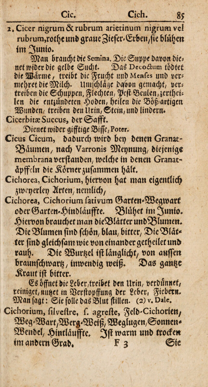 Cich. i. Cicer nigrum & rubrum arietinum nigrum vel rubrum,rotf)e unb graue 3iefer*£rbett/fie blufjett im 3««io* - 9Q?an braucht bte Semina, ©ie 0ttppe Dabon bte* net triber Me gelbe 0ud)t. Sag Decoamn tobtet bteSBBdtnte, treibt bte grudjt unbMenfes unD m* mefytet bieSDftld)- Umi'cjjlage baoon gemacht/ »er* treiben Die 0d)iippen, §(ecf)ten, pefi&eulen,$ertl)eb len bte ent&unbeten *§>oben, heilen bie Q3bjj;artigett SButtben/ tteiben ben Urin, 0tew,tmD linbern. Cicerbitse Succus, ber@afft. Dienet toiber gifftige 93i'ffe/ Poter. Cicus Cicum, baburcl) wirb bei? betten Granat- 58dumett/ nad) Varronis 9Jtei?nung, biejenigt membrana rerftanbett/welche in benen Granat^ dpjfeln bte «Sdrnerjufammen fydlf. Cichorea, Cichorium, ^terron fyat man eigentlich $weperlep Jlrfett/ttemlich/ Cichorea, Cichorium fativum ©arfen^SBegwarf ober ©arf en^inblduffte. 53luljef tm 3unio. $terron brauchet man bieQMdffer unb^$lumen* Sie flumen fmb fchdtt/ blau; bitter/ Sie Q5ldt* ter jmb gleichfam me ren einanber geleitet unb rauf}. Sie Söur^el t jf Idnglicht/ *>on auflfett braunfebmar^ / inwenbig weiß. Sa$ gange Ärattt iff bitter. öffnet bie Seber,treibet ben Urin/ berbunnef/ reiniget, ni^et in ÖSerffopffung ber Seber, $iebettt. 9J?anfagt: 0te folle ba$23lut ffillen. (2)v.Dale. Cichorium, filveftre, f. agrefte, ^elb'Cichoriett/ Qüeg'SBartySBerg^ei^/SBeglugen/Sonnen* SEBenbel/ JMntldujfte, 3(1 warm unb troefe« int anbern ©rab* F 3 @ie