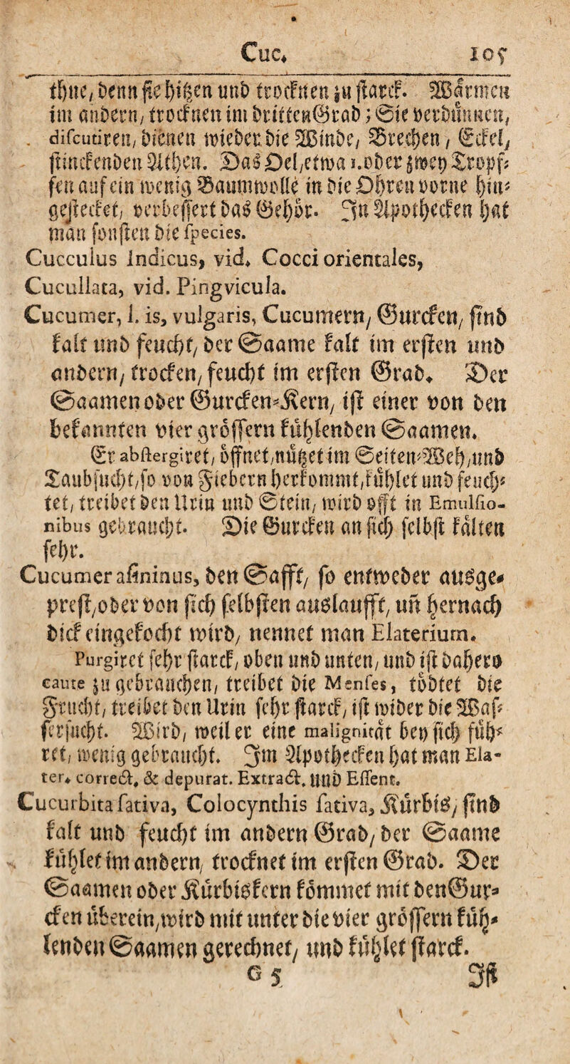 tftue, benn pehißen unb trocFtf en ju jlanf. 2Bitmcn im andern/ trocf neu im brttten®rab; ©ie oerbtlnnen, . difeutire»/ Dienen nriebetbie 2Bmbe/ Stegen, (£cFef, ftincFenben 9itl)en. !Da$ Del/etwa i.ojberjmep Stopf« fen auf ein wenig ^amumofle in bte Obren oorne fyw gejiechi, oerbejfert ba3 öebot* 3n llpotbecFen bat man fonfien Dte fpecies. Cuccuius Indicus, vid* Cocci orientales, Cucullaca, vid. Pingvicula. Cucumer, 1. is, vulgaris, CucumerU/ ©urcfett/ pnb Falt tmb feucht, bcrSaume Mt im erfien mit* ottDern/ frocfai/ feucht im erfien ©rak ©er ©aamen ober ©unfernj\erny tp einer non ben befunnten t»ier groffern fü^fenben @aamen* (£r abftergiret/ offnet/wißet im ©eifetmBeb/unb £aubjud)t/fo von g i e b c nU) e r F o m m t, t u b l e t trnb feuef)* tet, treibet bett Uriu unb ©(ein, wirb offt in Emuifio- nibus gebraucht. ©ie ÖhircFen an fid) fclbfi Falten Cucumerafininus, ben@ajft/ fo entmeber augge* prefiyober t>on pcb felbpen auölaufft, uft ^ernad) fcief emgefoebt nnrby nennet man Elaterium. Purgirct fef)r tfarcF, oben unb unten/ unb ifl bapero eaute ju gebraucfjai/treibet bie Mcnfes, tobtet Die grticbf, treibet ben Urin febr ftardr, ift wiber bie 3Baf* (erfaßt. Sßirb', weiter eine maiignitdt beofid) fuö^ ret, wenig gebtmicbf. 3m 2tpotbecFen (>at man eu- teu corre&, 3c depurat. Extradl, uttö Efient. Cucurbita fativa, Colocynthis fativa, jiürbig/ pttb falt unb feucht im anbern ©rab7 Der @aame füllet tm anbern/ troefnettm erpen®rab. ©er ©aamen ober itürbt^fern fommet mit ben@m> efen ükreinyn>trb mit unter bte Pier groffern Ivfy lettbeu ©aamen gerechnet/ tmb ttykt fiaref.