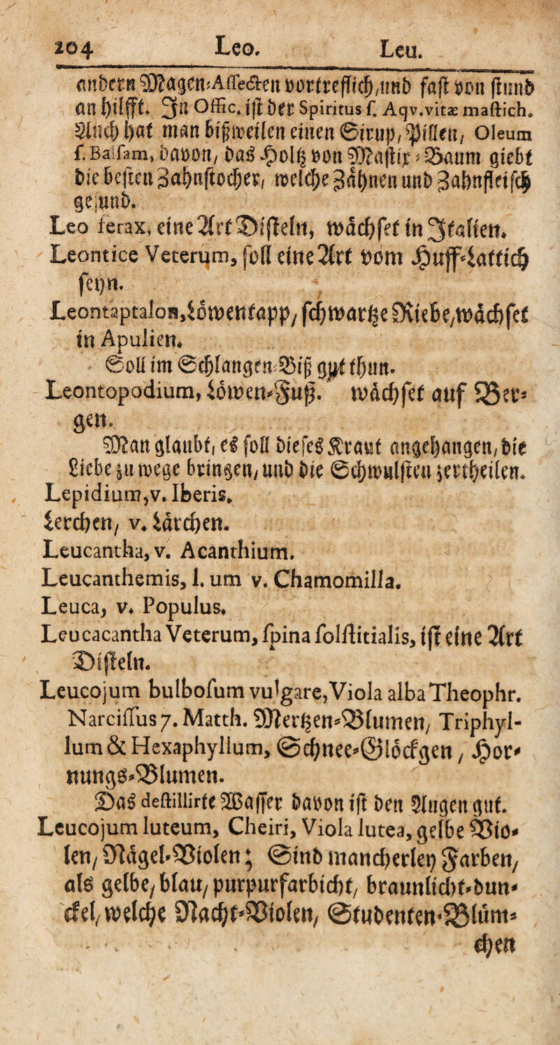 Leo, <ini)erH^agenjA{Tea:eitt)or(repkp/i?R& faß $mt flmtb an hilft 3a offic, tß öer Spiritus r. Aqv .vitas maftich«, 3lnc&bat man bifmdlen einen Sirup, ^iGett/ oleum f. Baifam, Da&on, ba$ feott $9?aßk f 3>aum giebt bie beßcn 3abnftod)er, meld)e gähnen uni) 3abnßet fc$ ge;unt>. Leo ferax, etne3fr(©i'(leltt, ft>äd?fef tn^foftetfc Leontice Veterum,fo(l cme2fo fcom 4?tiff4atttdj LeontaptaJoH^owenfapp/ fdjnwße SXtebe/tüöcbfet m Apulien* ©oü im ©erlangen jjjffbun. Leontopodium, £6tt>en*guf. tvdcbfeb attf 95er* gen. 5CRatt glaubt, ti foH t>iefe€ 5traut angebangen,t>ie Siebe pi m%t bringen/ unfr bie ©cönwlßeu jcrtftrilen. Lepidium,v. Iberis, iercben, v* idteben. Leucantha,v. Acanthium. Leucanthemis, 1. um v. Chamomilla. Leuca, v* Populus* Leucacantha Veterum, fpina folflitialis, tjl eine Kvt 5} t fleht. Leucojum bulbofum vulgare,Viola albaTheophr. NarcifTus/. Matth. SEfter^en^lumen, Triphyl- lum & Hexaphyllum, @d;nee*@l6cfgen, Jpor* ittmg$*5Mumen. ©a^deftiiiirfe Gaffer bamnu'ß ben Singen pt Leucojum luteum, Cheiri, Viola lutea, gelbe 33tö* len / 9t«geb33ioIen ♦ @mb mcwdjerlep Farben/ ati getbe, btau/purpurfarbtd)*, braunltd)f*bun' cfel/ welche DJadjf'SJtolen, @i«ben(en*^Sfuni=* cfyeit