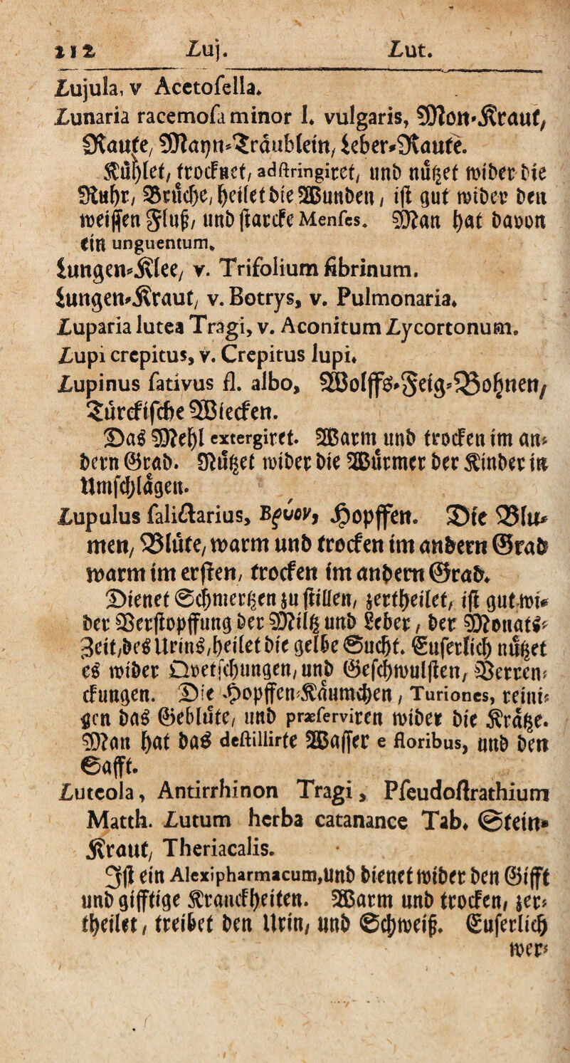 Lut. Lu). £ujula, v Acetofella* Xunaria racemofa minor 1* vulgaris, SOlon^raut, SERapn^rdubtew, icber»9vaute. $m)let, trocfnet, adftringitct, unb nullet mibet Me Sftu(jr, &ntd)e, feilet Me 2&nnben, iji gut roiber ben ttjeiffengluf, tmbftarcfeMenfcs. Sftan bat t>at>on CtH unguentum. Jungen» jvlee/ v. Trifolium fibrinum. Jungen»j?rau(; v. Botrys, v. Pulmonaria* iuparia lutea Tragi, v. Aconitum £ycortonum. £upi crepitus, v. Crepitus lupi* jLupinus fativus fl. albo, 2öoIjf£*5eig*33obnen/ 2ürcfifcbe3Biecfen. Da$ extergiret. üßartnunb trocFen im an» bern ©rab. tilget miber bie SQBurmer ber $inber tu Umfdjldgeit. £upulus faliftarius, Bgvov, Jg>opffeit. Ste 33lu* men, 525lüte/ warnt unb troefen tnt anbew @rab n>amt tm erfien/ froefen imanbem©rab* Dienet ©cj^eiten&uftillen, tf gutrn>i# ber 3kr|iopffung bet SDdiß unb Scber, ber ^cit/öc^Urin^^eilet Die gelbe ©uefjt. Sufetficj) nuget e$ rciber O^etfc^ungen, unb ©efcfjwulfen, Sßercem (Fangen. Die £opffem5ldumd)en, Turiones, reinb $cn ba$ ©ebitite, unb prsferviten roiber bie Ärd^e. $)?<m bat ba$ deftiilirfe 2Bafer e floribus, unb ben ©afft. £utcola, Antirrhinon Tragi, Pfeudoftrathium Matth. £utum herba catanance Tab* @fdn» 5?rmtt, Theriacalis. 3ß ein Aiexipharmacum,unb bienet mibet ben ©ifft unb giftige $tancfl)eiten. 2Batm nnb trodfen# jet* feilet, treibet ben Urin/ «nb ©cfjmeifj, ©uferlieb mep