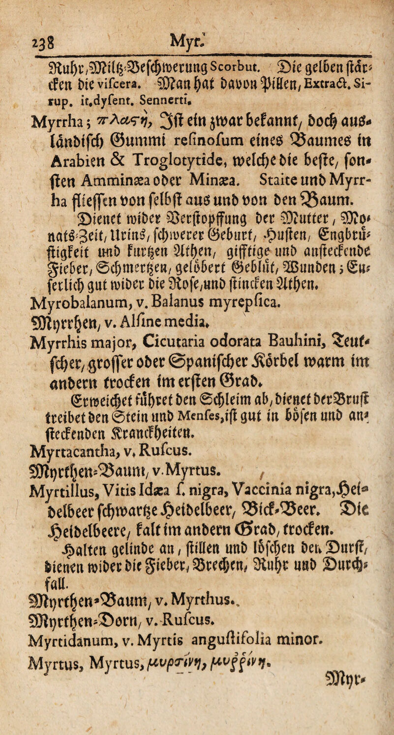 Stubt/SÜftlfr^efcb^erung Scorbut. 5)ie gelben (Ide? cFen iuevifcera. SWantyat Da\)l)n Rillen/Extraöl. Si¬ rup. it,dyfent. Sennerti, Myrrha; TrAarij, }tt)arbdmntj Dodaus* Idnbifcf) ©ummt refinofum etne$ SSaumeö tti Arabien & Troglotytide, welche bte beffe/ fon* flen Ammimeaober Minsea. Staite unb Myrr¬ ha flieffen tton felb (I aus unb t>on ben 35aum. Sieitet roiber iSerftopffung Der Butter, nat^Belt/ UrinS/ fd)n>erer ©eburf/ -Julien/ (ürngbrfc fttgFeit rnib Furien tyttyxi, gijftige unD anfteefenbe gießet/ @cj)mergeB/ gelbbert ©ebluf, SBunben 5 6k* fetluD gut wiDet Die 3iofe,unD ftinefen %tt)cn. Myrobalanum, v. Baianus myrepfica. SWprrljeny V. Alfine media» Myrrhis major, Cicutaria odorata Bauhini, Zeut' fc^er/grolJer ober ©pantfeber Vorbei warm im anbern troefen Im erjlen ©rab* (gtraeidjef führet Den Schleim ab. Dienet Der23tu|? Iteibet ben 6tein unD Mcnfes,i(| gut in ßofenunb an« fMenben $rancff)eiten. Myrtacantha, v» Rufcus. SWprdjen^aum/V.Myrtus. , Myrtillus, Vitis Idaea f* nigra, Vaccinia nigra^eb3 belbeer fcbwart$e J^etbelbeer, 33icf*33eer* 3Me Jpelbelbeere/ f alt im anbern (Stab, troef en. galten gelinDe an, (Men unD iSfcjen Den Durf?, bienen miber Die §ieberv ^tecben, $Hul)c uab Surcb* fall. ?9tt)rtfjen*3Satmiy v* Myrthus., SBprfben^orn, v. Rufcus* Myrtidanum, v. Myrtis anguftifolia minor. Myrtus, Myrtus, pvprtvti, pvffu