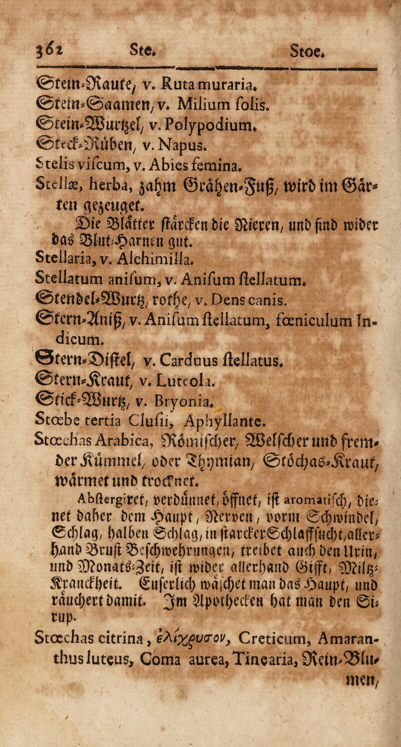 @teut;£Kautfy v. Rutamuraria. @fdn*@aameny v* Milium folis. ©tetn^SBui^d/ v. Polypodium* ©trchöyuben, v. Napus. Stelis vifcum, v. Abies femina. Stellae, herba, ©tägat*5uß/ trirb tttt @ar* fen gejeugef. S5ie SMatter /fdrcfen Me SRiercn, nnb ftnb rciber ( Q$hit£arnen gut. Stellaria, v. Alchimilla. Stellatum anifum, v. Anifum Rellatum* ©ten&ebSEBurg, rot^e, v. Dens canis. @tern*2fm§t v. Anifum Rellatum, foeniculum In¬ dicum. Sterr^SMflel, v. Carduus Rellatus, ©fern^raut, v. Luteola. ©ttchSSBur^ v. Bryonia. Stoebe tertia Clufn, Aphyllante. Stceehas Arabica, £R6mifd)cr> SBeffcber tmb freni* her jvümmeb ober ©tocba&jvraut, tt)drmefunbfrocfnef. Abftergiret/ Oetbtmnef, ojfttef/ tjl aromati ftf)/ t)k; net Daher t>cm Jjpaupt, dlevvcn, norm @cbrctnbei, 0cblagy halben 8d}Iag/in|lartfer6cl)la(fföcf)t/aaer# 95ru(l<@cf$tt)e|jrungen> treibet auch Den Uri«, tmb aD?onat^3eit/ ift roibec allerbattö ©ijft, Siftilfy flmitffyeit ^uferltcl) ma[d;et man ba3 ^>aupt, unb räuchert Damit, jm 3lpotl)ccl:en bat man beu 6U tup. Stocchas citrina, eÄtxgypov, Creticum, Amaran- thus luteus. Coma aurea, Tinearia, SXettt'SMu# meti.