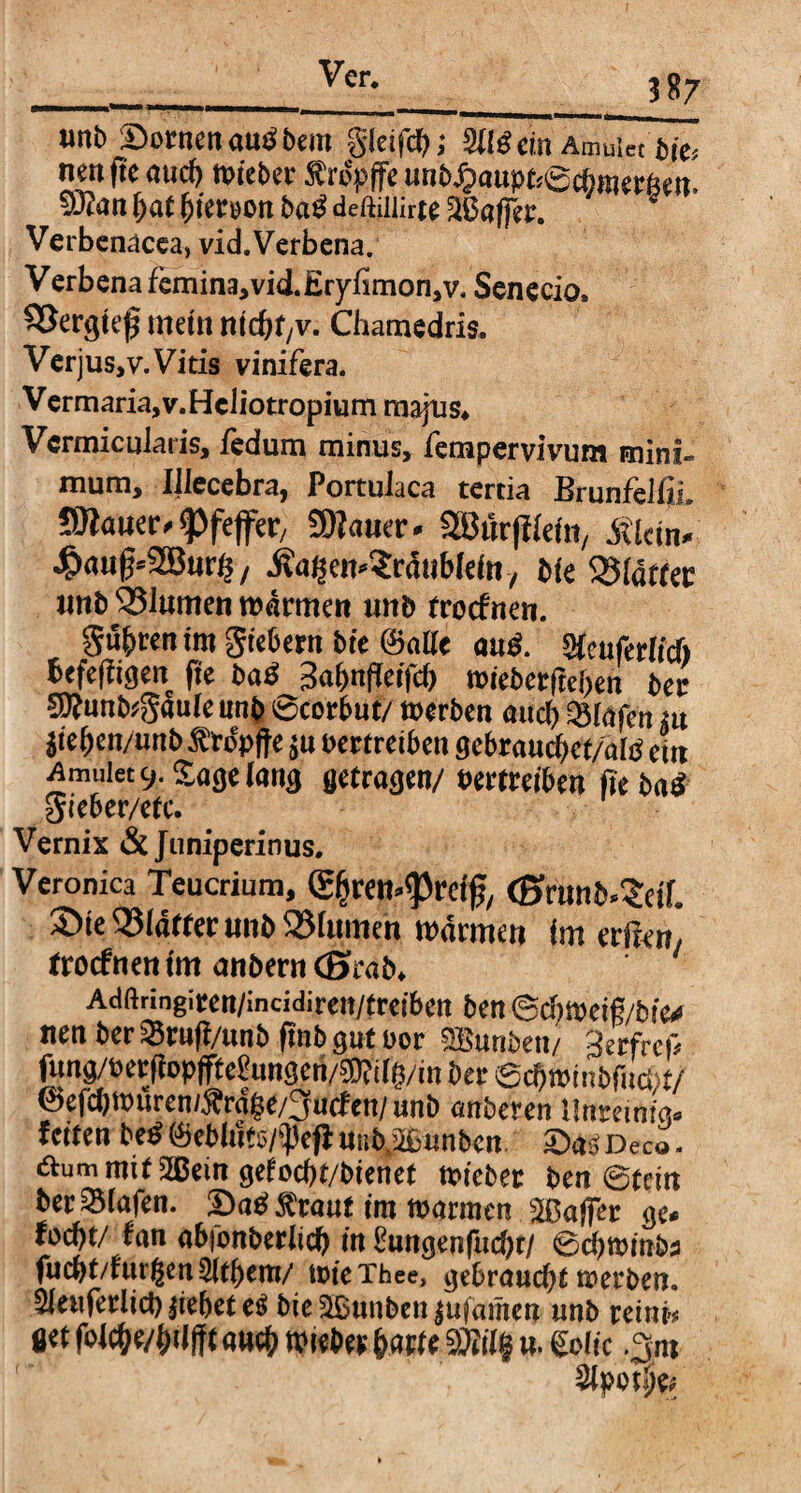 ' ' Ver. unb Sorncnauöbem gleifcb; Sflgdi, Amu!« bie, nmfte <uid> »ieber Srcpffe unbJjiauptsecbroerßen. 93ian bat fjiereon bati deftiilirte SBaffer. Verbenacea, vid.Verbena. V erbena femina, vid.£ryfimon,v. Senecio. SJergiefj mein nic&fv. Chamedris. Verjus.v.Vitis vinifera. Vermaria,v.Heliotropium majus. Vermicuiaris, fedum minus, fempervivum mini¬ mum, Illecebra, Portulaca tertia Brunfellti. flauer* «Pfeffer, SOJauer* SäJjJrffdefn, .Klan* 4>aufj*2Bur£ / KaßemSrmtbiein, bfe Clatrer nnb 33Utmen »dritten unb frocfnen. gurren im Siebent bte ©alte and. Sfcuferfid) fcefefiigen fte baß 3abnfctfd) »ieberfteften ber SOIunb?S«uIe unb Scorbut/ »erben aucb Q3(afcn m jteben/unb Stopfte j« vertreiben gebranebet/afö ein Amuiet^Sagelang getragen/ vertreiben fte baß gicber/etc. Vernix & Juniperinus. Veronica Teucrium, Gfjren^rciff (Srunb.^eif. 3>ie SMafter unb 33tumen »armen im erften, ftoefnen im anbern CSrab. Adftringiren/incidireti/treiben ben @c!)»eig/bfe* nen ber 33rufi/unb ftnb gut ver SBunben/ 3erfrcü fung/verftopffteS!ungcri/59?ti(j/m ber Scf>»inbfnc&t/ ©efd)»urcni£rd§e/3ucfen/unb anberen linreimg« feiten beßföeblitfs/jkfiuttb.äßunbcn ©aSDeco. dlummif 3Bem gefoebt/bienet »t'cber ben Stein bet Olafen. Sab Staut im »armen ißafter ge. foebt/ fan abionberlicf) in l'ungenfttdjt/ ©cb»inbs fud)t/tmßeti3ltl;em/ »ieThee, gebraucht »erben. Sleuferlid) jtebet es bic SBunben jufamen unb remis get folcbe/bdftt and» »iebet batte SM§ n. Softe .^nt