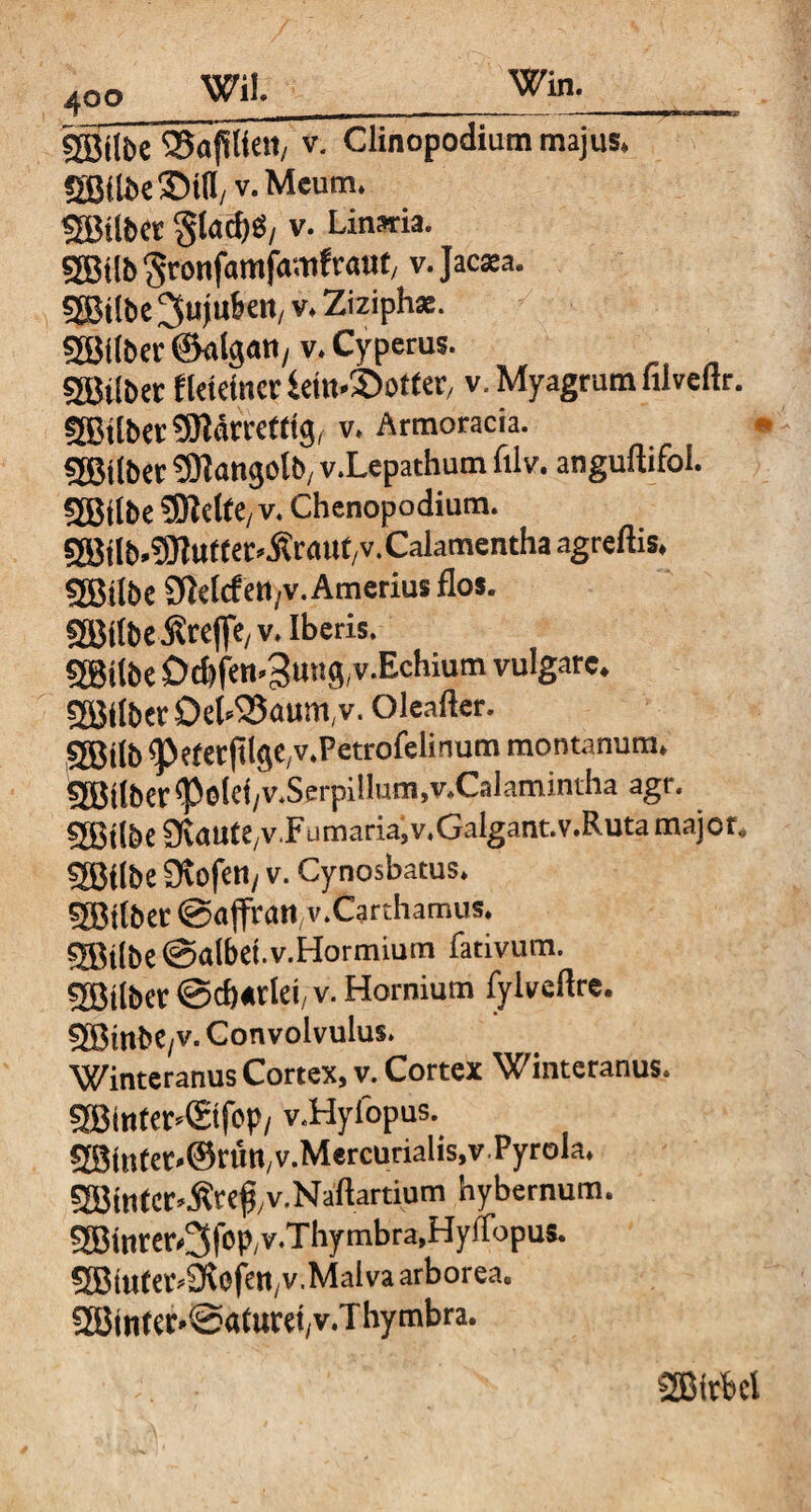 SBifoe SSafitie«/ v- Clinopodium majus, SBÜbelMlI, v.Meum. SBtlber Stad)g, v. Linsria. 5Btlb gronfamfamfraot, v.Jacsa. SBilbe ^Sujuben, v. Ziziph*. SBftberSalgan/ v.Cyperus. SSBübet f kleiner iem-Siotter, v.Myagrumhlveflr. 9BUber3JMrretttg, v. Armoracia. SSilber ?9langolb, v.Lepathum ftlv. anguftifol. SBflbe iBMte(v. Chenopodium. SSJÜb-SJluttet'Äraut/V.Calamenthaagreflis, sjßilbc Sflelrfeti/V. Amerius flos. SGBilbe Äreffe, v. Iberis. 5©i(be Dtf>fen.3mtg,v.Echium vulgare. 3ö([btrDel^aum,v. Oieafter. SBtlb ^>efer(tlge,v.Petrofelinum montanum. köJilber^eld/V.Serpillum.v.Calamintha agr. SBtlbe 9iaute,v.Fumaria,v,Galgant.v.Ruta major. 2Bi(be Ovofe«/ v. Cynosbatus. SBttber @afratt,v.Carthamus. SBtlbe «Salbet.v.Hormium fativum. SBtlber @d)«rlet, V. Hornium fylveftre. sjBtnbe;v. Convolvulus. Winteranus Cortex, v. Cortex Winteranus. 3Blnfer»©fop/ v.Hyfopus. 5B3it!ter«©rün,v.Mercurialis,v Pyrola. Söttifcr.Äre^v.Naftartium hybernum. 5Binrer*3fop/V.Thymbra,Hyftbpus. «HJmfer^ofe^v.Malva arborea. 2BinteC'@«turet,v.Thymbra. Wirbel