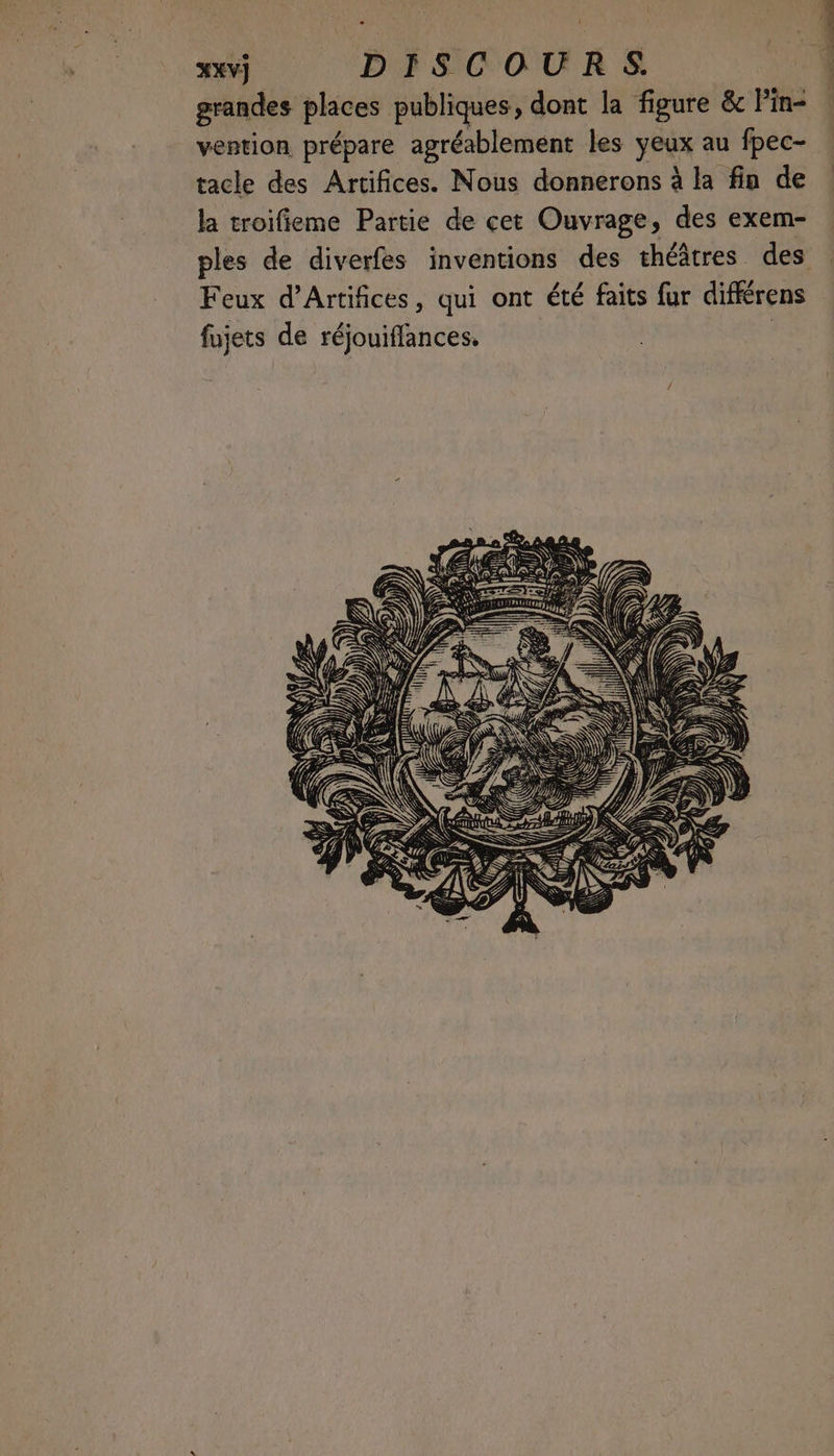 XXv) DISCOURS. grandes places publiques, dont la figure & Pin- vention prépare agréablement les yeux au fpec- tacle des Artifices. Nous donnerons à la fin de la troifieme Partie de cet Ouvrage, des exem- ples de diverfes inventions des théâtres des Feux d’Artifices, qui ont été faits fur différens fujets de réjouifflances. |