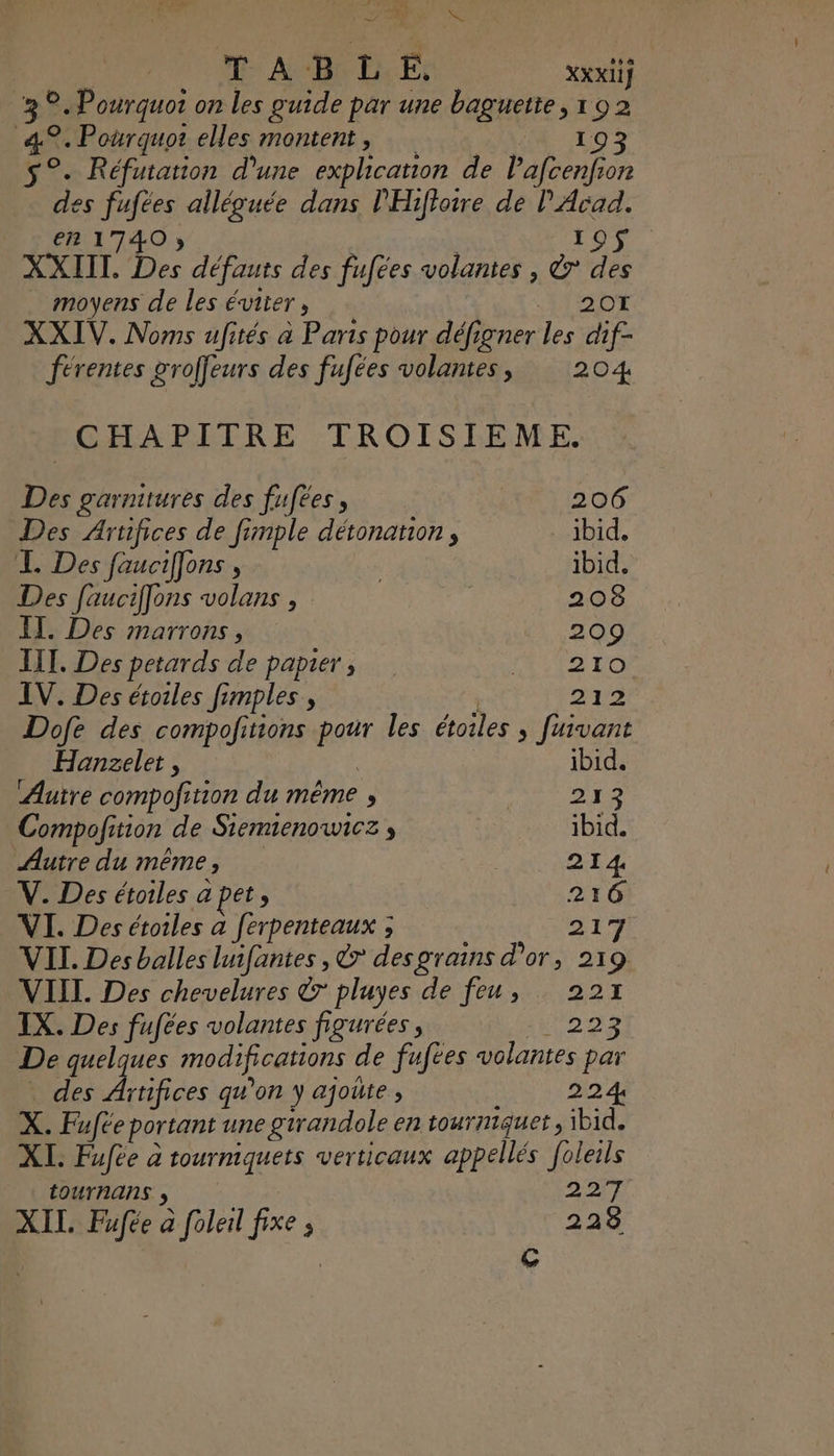 LUN INVITE #3. Ne TABLE. maté ‘30. Pourquoi on les guide par une baguette, 102 4°. Potrquot elles montent, 193 $°. Réfutation d'une explication de Pafcenfion des fufées alléguée dans l'Hifiotre de lAcad. Dien1740; , tar XXIII. Des défauts des fufées volantes , © des moyens de les éviter , 201 XXIV. Noms ufités à Paris pour défigner les dif- férentes groffeurs des fufées volantes, 204 CHAPITRE TROISIEME. Des garnitures des fufées, 206 Des Arüfices de finple détonation , ibid, L Des fauciffons , | ibid. Des fauciffons volans , | 208 IL. Des marrons, 209 LIT. Des petards de papier , ‘to T0 IV. Des étoiles fimples , 212 Dofe des compofitions pour les étoiles , fuivant Hanzelet , | ibid. Autre compofition du même 213 Compofition de Siemienowicz , ibid. Autre du même, | 214 V. Des étoiles a pets 216 VI. Des étoiles a ferpenteaux ; 217 VII. Des balles luifantes , &amp; desgrains d’or, 219 VIII. Des chevelures © pluyes de feu, 221 IX. Des fufées volantes figurées, 11223 De quelques modifications de fufées volantes par des Artifices qu'on y ajoûte ; 2 2 4 X. Fufée portant une girandole en tourniquet, ibid. XI. Fufée à tourmiquets verticaux appellés foleils tOUrnans » 227 XII. Fufée a foleil fixe ; 228 Le)