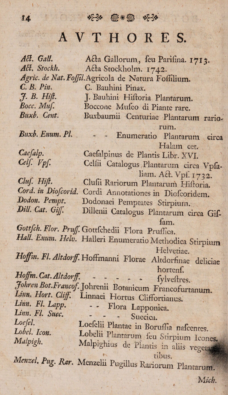 Gvz#. A£ta Gallorum,, feu Parifina. 1715, AB. Stockh. A£ba Stockholm. 1742. Agrie, de Nat, FoJJil. Agricola de Natura Foflilium* Z1 » D»v* r* _i,! ! tv. ... C. B. PifL J. B. Hift. £>oo\ Mw/1 C?«f. j5zaA Enum. PL \ Caefalp. Celf. Vpft Cluf. Hift. C. Bauhini Pinax. J. Bauhini Hiftoria Plantarum* Boccone Mnfeo di Piante rare. Buxbaumii Centuriae Plantarum rario rum. Enumeratio Plantarum circa Haiam cet. Caefalpinus de Plantis Libr. XVI. Celfii Catalogus Plantarum circa Vpia- liarn. API:. VpP 13732. - # y Clufii Rariorum PlantaruiA- Hiftoria. Cord. in Dioftcorid. Cordi Annotationes in Diofcoridem. JDodon. Pempt. Dodonaei Pemptates Stirpium. ,Dili. Cat. Gifft Dillenii Catalogus Plantarum circa Git ^ ri •• r fam. fjottjch. Flor. Prujft. Gottfchedii Flora Pruilica* Hali. Enum. Helv. Halleri Enumeratio Methodica Stirpium Flelvetiae Hoffm. FI. Altdorff. HofFmanni Florae Altdorfinae deliciae „ hortenf. Hoffm. Cat. Altdorff. ..... fylveftres. JohrenBot.Fra.ncof. Johrenii Botanicum Francofurtanum. Lmn. Hort. Cliff Linnaei Hortus Cliffortianus, - - Flora Lapponica.  3 - Suecica. Loefeiii Plantae in BorufFa nafcentes. Lobelii Plantarum feu Stirpium Icones. Malpighius de Plantis in aliis vegeti Menzd. Pug. &,r. Menzelii Pugillus RatioS^ PlimtarunP ' M ich. Linn. FI. Lapp. Linn. FI. Suec. Loefel. Lobel. Icon. Mulpigh.