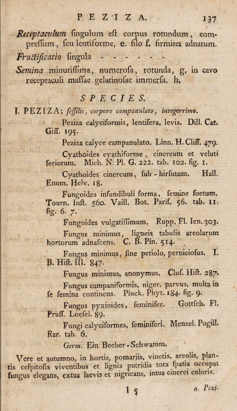 ■Receptaculum fingulum efl corpus preffum, feu lentiforme, e. filo' f. *37 rotundum, com* firmiter adnatum* Fru&ijiccdio fingula - - - - - - Semina minutiffima, numerofa, rotunda, g. in cavo receptaculi maffae gelatinofae immerfa, hu SPECIES; PEZIZA; fefftlis j corpore campam dato, integerrimo. Peziza calyciformis, lentifera, levis, Dill. Cat* ■Giff. 195, Peziza calyce campanulato. Linn, H.ClifF* 479. Cyatho id,es eyathiforme , cinereum et veluti fericeum. Mich. N. PL G. 222. tab. 102. fig. I. Cyathoides cinereum, fub - hirfutum. Hali. 3Enum. Helv, ig. Fungoides infundibuli forma, femine foetum, Tourn. Inft. 5^°* Vaill, Bot. Parif, ^6. tab. II, fig. 6. 7. Fungoides vulgatidimum, Rupp. FI, Ien, 303«* Fungus minimus, ligneis tabulis areolarum hortorum adnafcens, C. B. Pin. 514. Fungus minimus, fine petiolo, perniciofus, I» P. Hift. III. 847- Fungus minimus, anonymus. Cluf. Hift* 287« Fungus campaniformis, niger, parvus, multa in fe femina continens. Pluck, Phyt. 184* hg. 9* Fungus pyxioides, feminifer. Gottfch. FL Rruff. Loefel. 89« Fungi calyeiformes, feminiferi. Menzel, Pugili® Rar. tab. 6, Germ. Eip. pecher-Schwarnm» Vere et autumno, in hortis, pomariis, vinetis, areolis, plan* tis cefpitofis viventibus et lignis putridis tota fpatia occupat fungus elegans* extus laevis et nigricans, intus cinerei coloris. | ^ (1, Pezi“