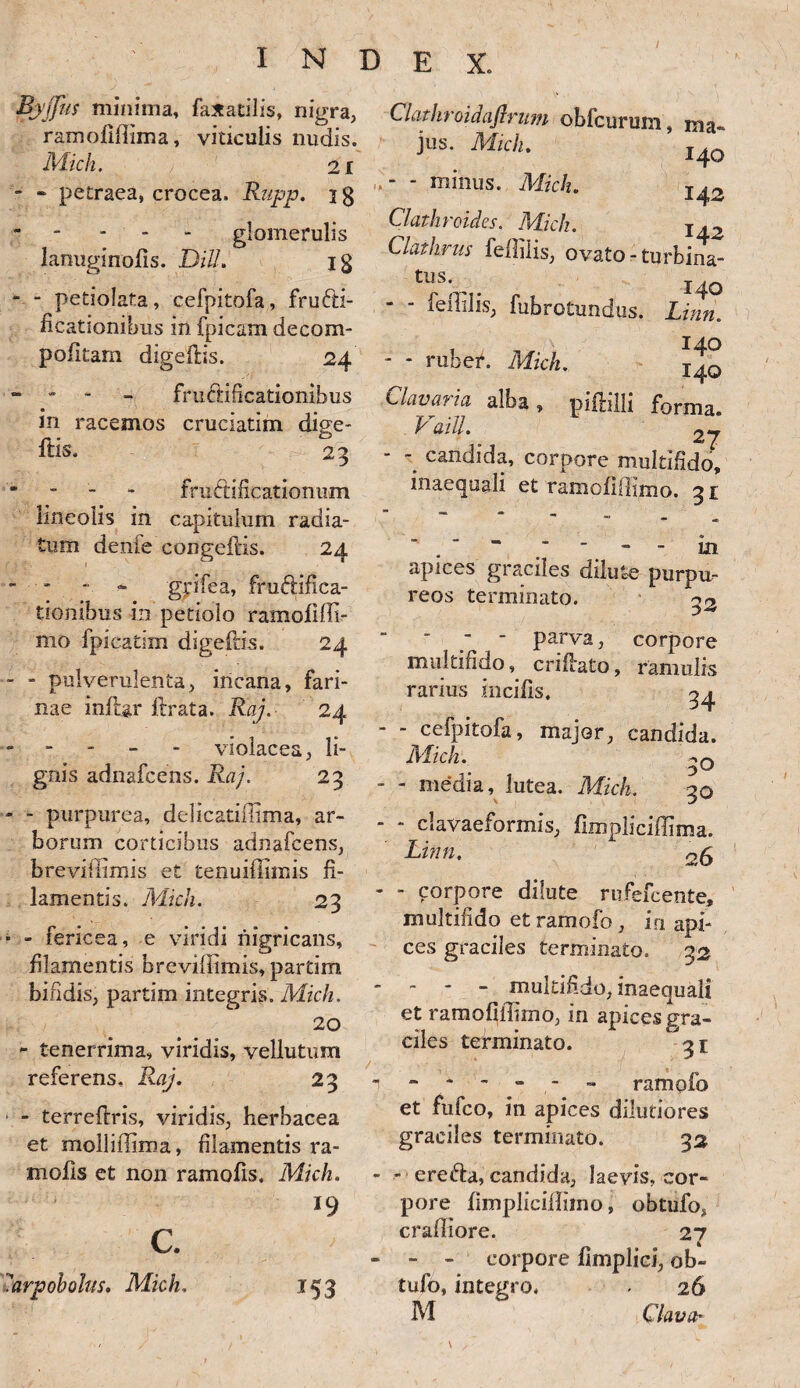 Byjjus minima, fax a ti lis, nigra, ramofiffima, viticulis nudis. Mich. 21 - “ petraea, crocea. Rupp. ig glomerulis lanuginofis. DHL i g - - petiolata, cefpitofa, fructi¬ ficationibus in fpicam decom- pofitam digeflis. 24 - - - - fruftificationibus in racemos cruciatim dige- ftis. 23 - - - - fructificationum lineolis in capitulum radia¬ tum denie congeftis. 24 - - - - gidfea, fruftifica- tionibus in petiolo ramofiffi- mo fpicatim digeftis. 24 - - pulverulenta, incana, fari¬ nae i nitar lirata. Raj. 24 violacea, li¬ gnis adnafcens. Raj. 23 - - purpurea, delicatiffima, ar¬ borum corticibus adnafcens, breviffimis et tenuiffimis fi¬ lamentis. Mich. 23 • - fericea, e viridi nigricans, filamentis breviffimis, partim bifidis, partim integris. Midi. 20 - tenerrima, viridis, vellutum referens, Raj. 23 ■ - terrefiris, viridis, herbacea et molliffima, filamentis ra- mofis et non ramofis. Mich. 19 c. 'arpoholus. Mich. 153 142 Clatiiroidafirum obfcurum, ma¬ jus. Mich. - - minus. Mich. Clathroides. Mich. I42 Ckthrus feflilis, ovato-turbina¬ tus. - - feffilis, fubrotundus. Linn. . „, 140 - - ruber. Mich. I4q Luiva?ia alba , pifnlli forma. Yaill. 27 - candida, corpore multifido, inaequali et ramofiffimo. gr - - in apices graciles dilute purpu¬ reos terminato. or> ‘  Parva, corpore multifido, criflato, ramulis rarius incifis. ^ • - cefpitofa, major, candida. Mich. _,q - media, lutea. Mich. 30 - clavaeformis, fimpliciffima. Linn. 26 - corpore dilute rufefcente, multifido etramofo, in api¬ ces graciles terminato. 32 - multifido, inaequali et ramofiffimo, in apices gra¬ ciles terminato. gi * “ * - - - ramofo et fufco, in apices dilutiores graciles terminato. 32 - erefta, candida, laevis, cor¬ pore fimpliciffiino, obtufo» crafliore. 27 - - corpore fimplici, ob- tufo, integro, - 26 M Clava* V