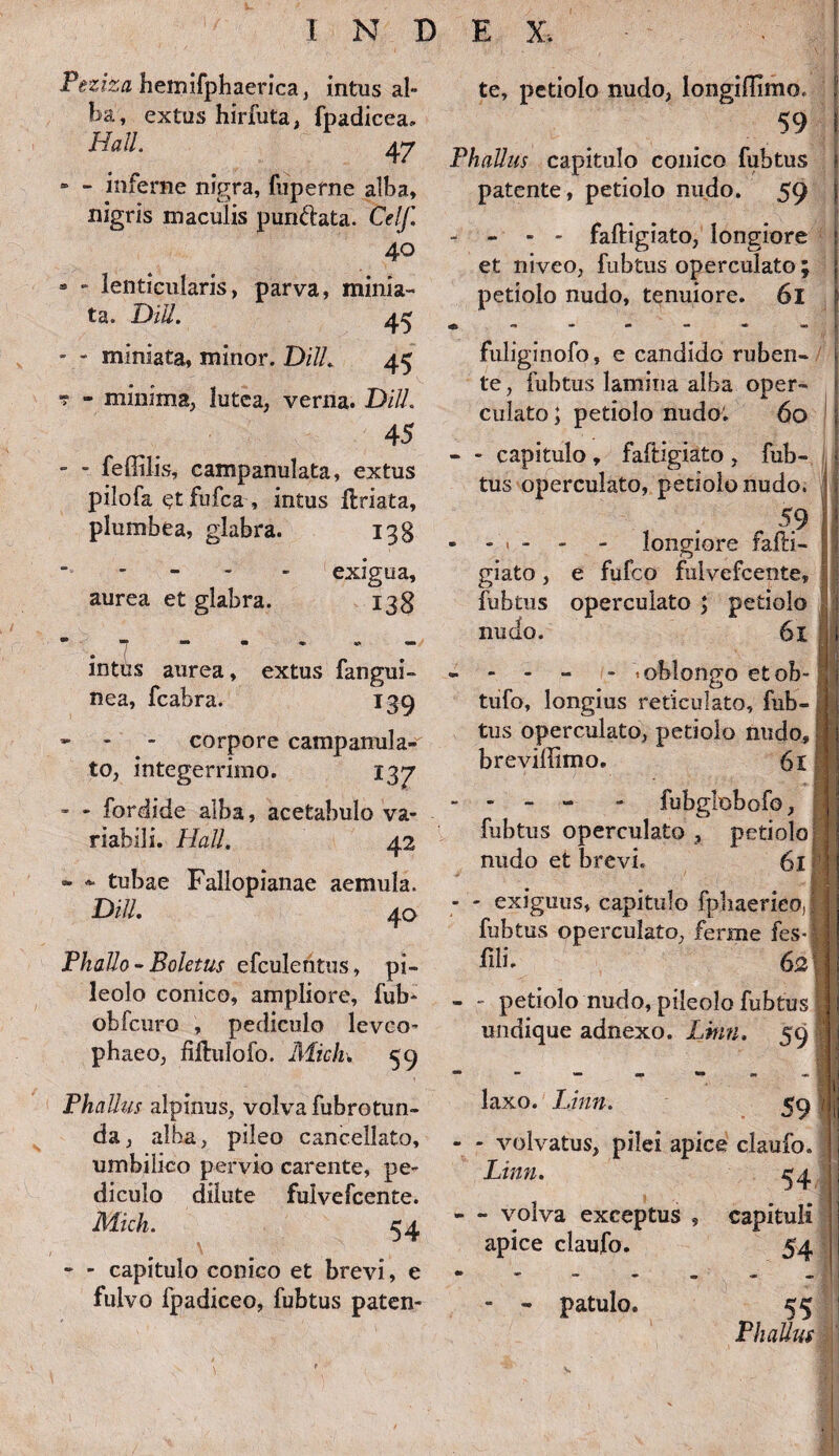 Peziza hemifphaerica, intus al¬ ba, extus hirfuta, fpadicea. Hali. 47 » - inferne nigra, fuperne alba, nigris maculis pundata. Celf. 40 * - lenticularis, parva, minia¬ ta. Dill. 45 - - miniata, minor. DHL 45 ? - minima, lutea, verna. DHL 45 - - feffilis, campanulata, extus pilofa et fufca , intus ftxiata, plumbea, glabra. 138 - exigua, aurea et glabra. 138 “ ” ■ • ~ intus aurea, extus fangui- nea, fcabra. 139 - - - corpore campanula- to, integerrimo. 13^ - - fordide alba, acetabulo va¬ riabili. Hali. 42 - * tubae Fallopianae aemula. Dill. 40 Phallo-Boletus efculentus, pi¬ leolo conico, ampliore, fub- obfcuro , pediculo levco- pbaeo, fiilulofo. Midi. 59 Phallus alpinus, volva fubrotun- da, alba, pileo cancellato, umbilico pervio carente, pe¬ diculo dilute fulvefcente. Mich. 54 - - capitulo conico et brevi, e fulvo fpadiceo, fubtus paten¬ te, petiolo nudo, longiftimo, 59 Phallus capitulo conico fubtus patente, petiolo nudo. 59 - - - faftigiato, longiore et niveo, fubtus operculato; petiolo nudo, tenuiore. 6l fuliginofo, e candido ruben¬ te , fubtus lamina alba oper¬ culato ; petiolo nudo; 60 - - capitulo , faftigiato , fub¬ tus operculato, petiolo nudo. 59 - - « - - - longiore fafti¬ giato , e fufco fulvefcente, fubtus operculato; petiolo nudo. 61 - - - - 1 oblongo etob- tufo, longius reticulato, fub¬ tus operculato, petiolo nudo, breviffimo. 6l - - - - - fubgrobofo, fubtus operculato , petiolo nudo et brevi. 6l - - exiguus, capitulo fpbaerieo, fubtus operculato, ferme fes- fili. 62 - - petiolo nudo, pileolo fubtus undique adnexo. Lmn. 59 laxo. Linn. 59 - - volvatus, pilei apice claufo. Linn. ^4 - - volva exceptus ? capituli apice claufo. 54 - patulo. „ 55 Phallus ■■■