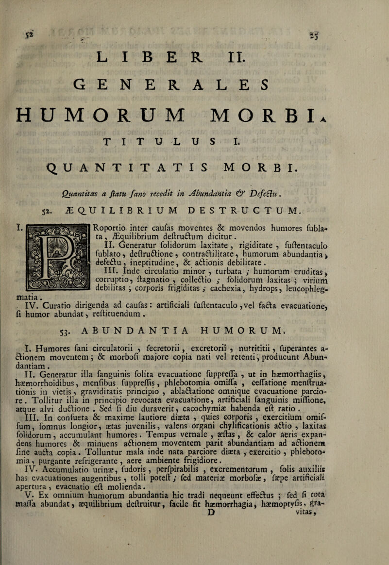 H U G E N E R A M O R U M T 1 T U L u U A N T I TAT 1 s L E S MORBI S L MORBI. A Quantitas a flatu fano recedit in Abundantia & DefeSlu. 52. iEQUlLIBRIUM DESTRUCTUM. Roportio inter caufas moventes & movendos humores fubla* ta , iEquilibrium deftrudlum dicitur . II. Generatur foiidorum laxitate , rigiditate , fuftentaculo fublato 5 deftrudtione , contra&ilitate, humorum abundantia * defedlu, ineptitudine, & a&ionis debilitate . III. Inde circulatio minor, turbata y humorum cruditas, corruptio, ftagnatio , colledlio y foiidorum laxitas ; virium debilitas ; corporis frigiditas y cachexia, hydrops, leucophleg¬ matia . IV. Curatio dirigenda ad caufas: artificiali fuftentaculo ,Vel fadla evacuatione, fi humor abundat, reftituendum . 53. ABUNDANTIA HUMORUM. I. Humores fani circulatorii , fecretorii, excretorii , nutrititii, fuperantes a- dlionem moventem; & morbofi majore copia nati vel retenti, producunt Abun¬ dantiam . II. Generatur illa fanguinis folita evacuatione fupprefla , ut in haemorrhagiis, haemorrhoidibus, menfibus fuppreflis, phlebotomia omifla , ceflatione menftrua- tionis in vietis, graviditatis principio , abladlatione omnique evacuatione parcio¬ re. Tollitur illa in principio revocata evacuatione, artificiali fanguinis miffione, atque alvi du&ione . Sed fi diu duraverit, cacochymiae habenda eft ratio . III. In confueta & maxime lautiore diaeta , quies corporis , exercitium omif- fum, fomnus longior, aetas juvenilis, valens organi chylificationis adlio , laxitas foiidorum, accumulant humores. Tempus vernale , aeftas , & calor aeris expan¬ dens humores & minuens adlionem moventem parit abundantiam ad adtionera fine au&a copia. Tolluntur mala inde nata parciore diaeta , exercitio , phleboto¬ mia , purgante refrigerante , aere ambiente frigidiore. IV. Accumulatio urinae, fudoris, perfpirabilis , excrementorum, folis auxiliis has evacuationes augentibus , tolli poteft y fed materiae morbofae, faepe artificiali apertura, evacuatio eft molienda. V. Ex omnium humorum abundantia hic tradi nequeunt effe&us ; fed fi tota malfa abundat, aequilibrium deftruitur, facile fit haemorrhagia, haemoptyfis, gra- D vitas,