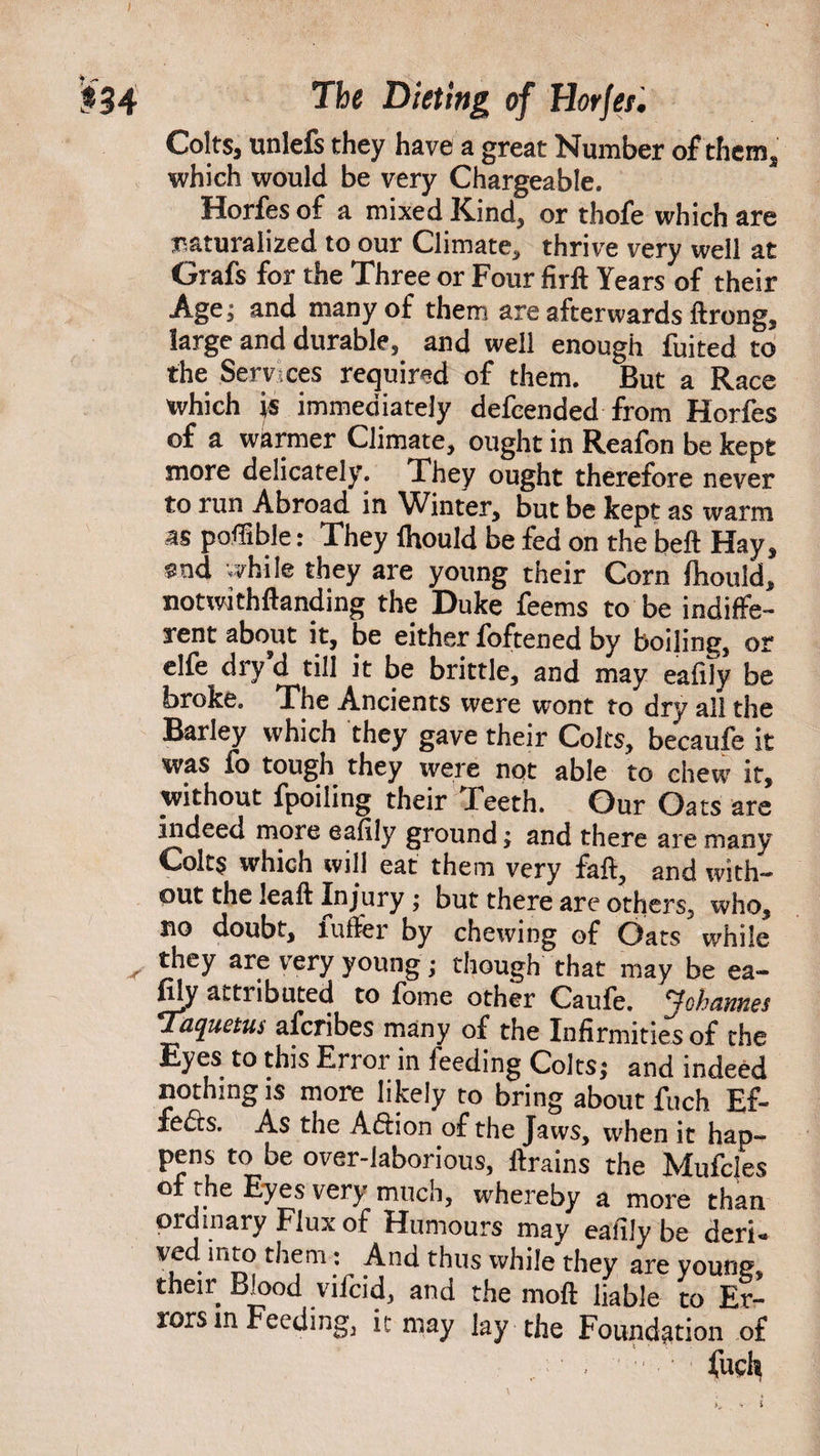 I $34 Tbe Dieting of Horfet. Colts, unlefs they have a great Number of them, which would be very Chargeable. Horfes of a mixed Kind, or thofe which are •naturalized to our Climate, thrive very well at Grafs for the Three or Four firft Years of their Age j and many of them are afterwards ftrong, large and durable, and well enough fuited to the Services required of them. But a Race which is immediately defended from Horfes of a warmer Climate, ought in Reafon be kept more delicately. They ought therefore never to run Abroad in Winter, but be kept as warm as poffible: They (Would be fed on the beft Hay, end while they are young their Corn (Would, notwithftanding the Duke feems to be indiffe¬ rent about it, be either foftened by boijing, or elfe dry’d till it be brittle, and may eafily be broke. The Ancients were wont to dry all the Barley which they gave their Colts, be'caufe it was fo tough they were not able to chew it, without fpoiling their Teeth. Our Oats are indeed more eafily ground ; and there are many Colts which will eat them very faft, and with¬ out the Jeaft Injury ; but there are others, who, no doubt, fuffer by chewing of Oats while they are very young; though that may be ea- fily attiibuted to (ome other Caule. ^chanties Taquetui afcribes many of the Infirmities of the Eyes to this Error in feeding Colts; and indeed nothing is more likely to bring about fuch Ef¬ fects. As the Action of the Jaws, when it hap¬ pens to be over-laborious, drains the Mufcles of the Eyes very much, whereby a more than ordinary Flux of Humours may eafily be deri- ved into them : And thus while they are young, their Blood vifcid, and the moil liable to Er¬ rors in Feeding, it may lay the Foundation of