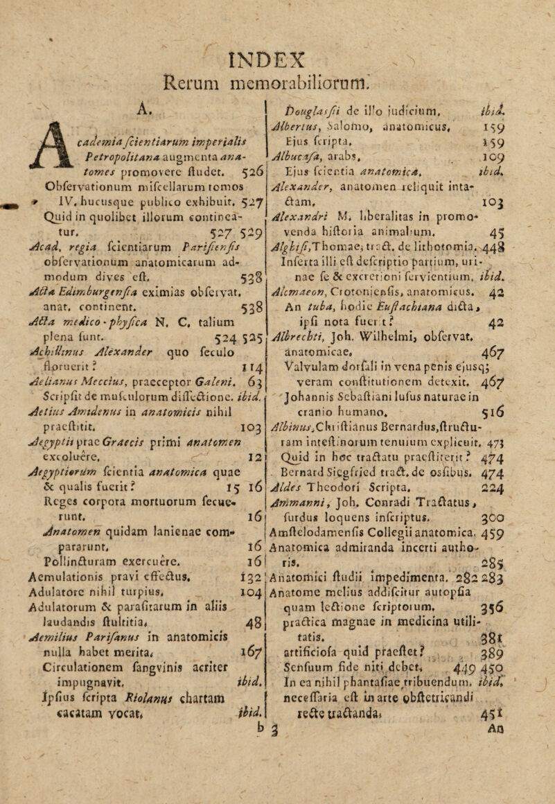 Rerum memorabiliorum.' A. cademia fcientiArum imperialis PetropoUtana. augmenta ^«4- tomes promovere nudet. 526 Obrervationum nurccllarum tomos ♦ IV, hucusque publico exhibuit, 527 Quid in quolibet illorum sontinea- tur. 527 5:19 j^cad, regia feientiarum Pari/ienjis obfervarionum anatomicarum ad¬ modum dives eft. 53S jAtfa Edmiburgtnfia eximias obfcivat, anat, continent. 538 Ma medico' phyjica N, C, talium plena funt. 524 525 iAchiUinus Alexander quo feculo floruerit f I 14 AeLianut Meccius, praeceptor Galenis 63 5criplit dc muknlorum difledione. ibici. Aetius Amtdenus in anatomicis nihil pracflitit, 103 Aegyptit prae Graecis primi anatemen excoluere. 12 Aegyptiarum fctenria anatomica quae 6c qualis fuerit? I5 16 Reges corpora mortuorum fecue* riint. 16 Anatornen quidam lanienae com¬ pararunt, 16 Pollinduram exercuere. 16 Aemulationis pravi cfFcdus, 132 Adulatore nihil turpius, 104 Adulatorum parafltarum in aliis laudandis Rulritia^ 48 Aemilius Parifanus in anatomicis nulla habet merita^ 167 Circulationem fangvinis acriter impugnavit, ibid» jpfius feripta Riolams chartam cacatam vocat» ihid, b Dotiglasfii de i]’o judicium. ibtJL AlbertuSy ^Salomo, anatomicus, 139 Ejus feripta. 159 Albuct/a, arabs, 109 Ejus feientia anatomica, ibid^ Alexander^ anatomen reliquit inta- dam, 103 Alexandri M. hberalitas in promo¬ venda hiftoria animabum. 45 ,^^^/^,Thcmae^ tird. de lithotomia. 448 Inferta illi cfl deferiptio partium, uri¬ nae fe 5c cxcrericni fervientium. ihid. Alcmaeon, Cfotonjcfifls, anatomicus. 42 An tuba, Eufiachtana dida> ipfi nota futr ti* 42 Albrecbti, Joh. Wilhelmi, obfervat, anatomicae, 467 Valvulam dorfali in vena penis ejusq; veram conftitutienem detexit, 467 Johannis Sebaftiani lufus naturae in cranio humano* 516 Albinus,Q\\\ \l{\^c\\xs Bernardus,ftrudu- ram inteflinoi um tenuium explicuit, 475 Quid in hcc tradatii praefliterit i* 474 . Bernard Sicgfried trad, dc osflbus. 474 Jldes Theodori Scripta, 224 Ammanni, Joh, Conradi Tradatus> furdus loquens inferiptus. 3OO Amflelodamenfis Collegii anatomica. 459 Anatomica admiranda inceni auiho- ris, 285; Anatomici fludii impedimenta. 282283 Anatome melius addifeitur autopfia quam Icdione fcriptoium, 35^ pradica magnae in medicina utili¬ tatis, ^ 38t artificiofa quid praeflet? 389 Senfuum fide niti debet* 449 450 In ea nihil phantaflae^ribuendum, ibid^ neceflaria eft in arte gbftctucandi lede uadanda^ 4$t 3 AO