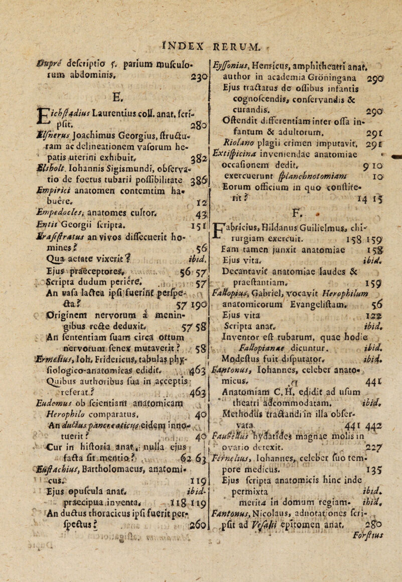 defciiptlc? f. parium mufcufo- rum abdominis» 230 B» |I7tchfl:aditis Laurentius coU. anat4 fcri- ^ pfit. . . ago 'Mlfnerus Joachimus Georgius, ftru<3u* ram ac delineationem vaforum he- ‘ patis lUterini exhibuit» 382 Mlsholt. Iohannis Sigismundr, obferva- tio de foetus tubarii poffibilitate 386 Bmpifki anatomen contemtim ha» bucte» J2- Empedoclesy anatomes cuftor; 43: £»//> Georgii fcripta. 15! Mrajtftratusjnyivoz diflecuerit ho¬ mines I 56 Qua> aetate vixerit ? ihtd. Ejus? pralceptores# $6 57 Scripta dudum periere» .-i 57 An vafa laftca ipfi fuerifif peripO- . fiai 57 190 Originem nervorum I ftienin- gibus rede deduxit» - 57 58 An fententiam fuam circa ortum nervorum fenex mutaverit ? $8 '£rni&fiuftloh( FrideiieuS, tabulas ph)?- Bjjfonius, Hernicus, amphitheatri anat» author in academia Groningana 290 Ejus fratlatus de oflibus infantis cognofeendis^ conferyandis 5c curandis. 290 dftendit differentiana infer ofTa in- fanfum & adultorum. 291 Kiotano plagii crimen impiicavif, 291 Bxti^icina inveniendae anatomiae » occafionem dedit. 9 10 exercuerunt ^Unchnotomiam lo Eorum officium in quo conftife» ritT 14 15 F. . 'Pabricius, Hildanns Gulllelmusj chi*^ ^ rurgiam exercuit. 158 ^59' fam tamen junxit anatomiae 15^ Ejus vita. iifid, Decantavie anatomiae laudes $c praeftantiam» 159 fa^opitts), Gabrielj Vocavit Herophilum anatomicorum Evangeliftam» %6 Ejus vita I2'2 Scripta anaf» Inventor efi: tubarum, quae hodie Falloptanae dicuntur. ibid, Mpideilus fuit difputatpr» fiologico-anatomicas edidit» \ onus $ lohannes, celeber anato» Quibus authofibus fua in acceptis; referat f 463 Ettdomui ob fcientiaifi anatomicam ‘ - • 'k i Herophito comparatus. , 4^ An dutltisinritO-». , micus» rr 44t Anatomiam C.H» edidit ad ufum theatri accommodatam, ibU, t Klethodus frai^andi in illa obfer- vat» 441 442 tuent r . ^ i . . 4*? onagnae molis in ' -Cur in hiftorda ana^^; nulla ejus f 11 • ovario detexit. ,227 faffa fit\mentio;.^ ,1 62 63, ^ifn^huji lohanncs». celeber fiio tem- E^fiachius, Bartholomaeus, anafomi- 119 ibtd- cus» Ejus opufcula anaf» praecipua .inventa* iig tip An du£fus thoracicus ipfi fuerit per,- IpcCtus? pOre medicus. 135 Ejus fcripta anatomicis hinc inde permixta ibid». meriu irii domum regiam- ihid^ PAntdJ9HSy^\co\^\\Sf adnotatjones feri- , 26o\ ,pfit ad P^/ff epitomen ariat» 2go Bdrfims