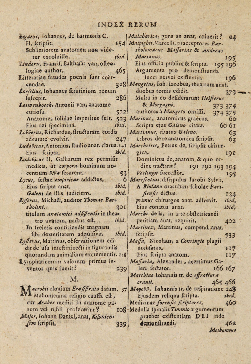 lohatines, Jc harmonia C* H* fcripGc. 154 Sublimiorem anatomen yon vide¬ tur excoluiife. ihid. %tnderny Francif. Baltbafar van, ofte©- logiae author* 465 ILitterariae fraudes poenis funt cocr-* cendae* 32S Iohannes ferutinium renum fufeepit. 286 iLotyetnhoeckt vaniSnatome curiofa. Anammes folidae imperitus fuit» 523 Ejus rei fpecimina. ibici, 'Lo99tyus, Eichardusjftrufiuram cordis adeurate evolvit. 247 LudsBtcus^^nxomnt» ftudioanat. clarus. S41 Ejus feripta» ^id, Ludo^icus II» Galliarum rex permifit medicis, ut corpora hominum no¬ centium 9i9a fecarent. 53 Ibycusy fedae empiricae addicitis» 6 Ejus feripta anat* ibid, Galeni de illis judicium» ibid, •i.yferusy Michael, auditor Thomae.Bar^ tholim, 301 titulum anatomici adfifientis tro anratom. nadtus eft. ibid. In fceletis conficiendis magnam fibi dexteritatem adquiGvit. ibid, lyferus, Martinus,obrervationem edi¬ dit de ufu inteftini reC^i in figurandis quorundam animalium excrementis. 258 Lymphaticorum vaforum primus in¬ ventor quis fuerit? 239 M. ^^^crohii elogium Brafprato datum, 57 Mahometana religio caufTa efi > cirr Arabes medici in anatome pa¬ rum vel nihil profecerint'? I08 Major\ lohann Danie3> anat, jQlmen* fm RripiGf* g39 MaUhdrica-y gens an anat. coluerit t ^4 Malpighh,^\zxc.Q\\\, praeceptores Bar- tholomaeus Majfarias & Andreas Marianus, Ejus officia publica 5c feripta* 195 196 Argumenta pro demonftranda fucci nervei exiftentja. i Mangetusi Ioh, lacobus, theatram anat. duobus tomis edidit. 373' Multa in eo defiderarunt Heifierus & Morgagni, ^73 374 authores a omifii. 374 375 Marinus y anatomicus graecus, 60 Scripta ejus Galeno citata, 60 6l MartianuSy citatus Galeno, 63 Libros de re anatomica fcripfrt. 63 MarchetttSt Petrus de, fcripfit ciiirur- gica» 19 2 Dominicus de, anatom. & quo or¬ dine tra^arit ? 191 T92 193 194 Veslingii fuccefibr» 195 MarefcoeiuSyd\{^c'\p\.\\m lacobi Sylvii, A Riolano oraculum fcholae Pari» penps dii^us. 134. primus chirurgos anat. adfvevit, ibid. Ejus conatus anat» ibid, Marcbe dc Jaj in arte obfietricandi peritiam anat. requirit, 402 Martinezt Martinus, compend. anat, rcripfit, 53|_ Mafa, NicoIaus> a Conringio plagii acchfatus, 117 Ejus feripta anatom, i 17 Maparia» Alexander, acerrimus Ga¬ leni feftator» 166 167 Matthiae lohannis tr. de effrallura cranii, 465 466 Mayobbi lohannis tr, de refpiratione 24S Ejusdem reliqua feripta. tbid. Medicinae fsrenfis feriptores, 46^ Medulla fpsnalis argumentum praeber exiftentiam JD EI inde Meibommi I
