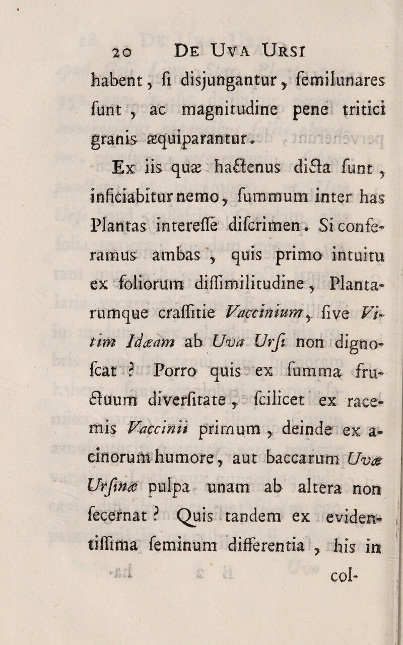 habent5 fi disjungantur, femilunares funt y ac magnitudine pene tritici granis squiparantur* Ex iis quas hafitenus difta funt , inficiabiturnemo, fummum inter has Plantas interefle difcrimen. Si confe¬ ramus ambas , quis primo intuitu ex foliorum diffimilitudine, Planta¬ rumque craffitie Vaccinium y five Vi- tim Iddcam ab Uva Urfi non digno- fcat ? Porro quis ex fumma fru~ fluum diverfitate , fcilicet ex race¬ mis Vaccinii primum , deinde ex a- cinorum humore, aut baccarum Uv& Urfms pulpa unam ab altera non fecernat ? Quis tandem ex eviden- tiffima feminum differentia , his in 4 coi-