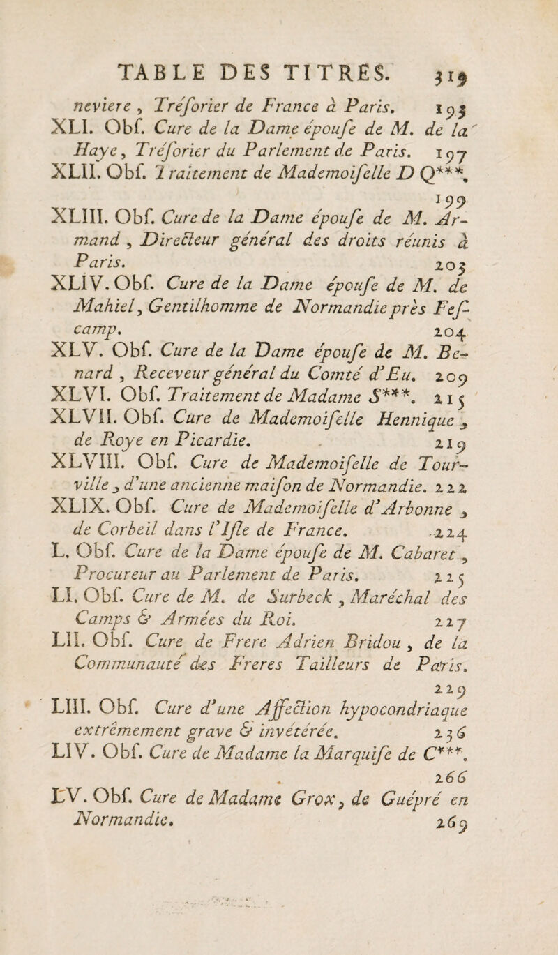 neviere , Tréforier de France à Paris. iyf XLI. Obf. Cure de la Dame époufe de M. de la  Haye, Tréforier du Parlement de Paris. XLII. Obi. 2 raitement de Mademoifelle D Q***. XLIII. Obf. Cure de la Dame époufe de M. Ar¬ mand , Directeur général des droits réunis à Paris. 20 $ XLIV. Obf. Cure de la Dame époufe de M. de Mahief Gentilhomme de Normandie près Fef camp. 204 XLV. Obf. Cure de la Dame époufe de M. Bé¬ nard , Receveur général du Comté d'Eu. 209 XLVÏ. Obf. Traitement de Madame S***. 215 XLVII. Obf. Cure de Mademoifelle Hennique ^ de R.oye en Picardie. 21 9 XLVlil. Obf. Cure de Mademoifelle de Tour- ville _j d'une ancienne maifon de Normandie. 222 XLIX. Obf. Cure de Mademoifelle d’Arbonne $ de Corbeil dans VIJle de France. .224 L, Obf. Cure de la Dame époufe de M. Cabaret, Procureur au Parlement de Paris. 225 Ll. Obf. Cure de M. de Surbeck , Maréchal des Camps & Armées du Roi. 22 7 LII. Obf. Cure de Frere Adrien Bridou , de la Communauté des Freres Tailleurs de Paris. 11C) liii. obf. Cure d'une Affection hypocondriaque extrêmement grave & invétérée. 2 3 6 LI V. Obf. Cure de Madame la Marquife de C***. 166 EV. Obf. Cure de Madame Grox ? de Guépré en Normandie. 269