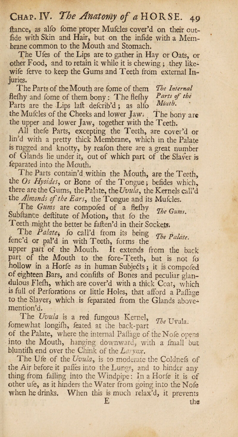 llance, as alfo fome proper Mufcles cover’d on their out- lide with Skin and Hair, but on the infide with a Mem¬ brane common to the Mouth and Stomach. The Ufes of the Lips are to gather in Hay or Oats, or other Food, and to retain it while it is chewing; they like- wife ferve to keep the Gums and Teeth from external In¬ juries. The Parts of the Mouth are fome of them Lhe Internal flefhy and fome of them bony: The flefhy Parts of the Parts are the Lips laft defcrib’d; as alfo Mouth. the Mufcles of the Cheeks and lower Jaw,* , The bony are the upper and lower Jaw, together with the Teeth. All thefe Parts, excepting the Teeth, are cover’d or lin’d with a pretty thick Membrane, which in the Palate is rugged and knotty, by reafon there are a great number of Glands lie under it, out of which part of the Slaver is feparated into the Mouth. The Parts contain’d within the Mouth, are the Teeth, the Os Hyoides, or Bone of the Tongue; belides which, there are the Gums, the Palate, th eUvula, the Kernels call’d the Almonds of the Ears, the Tongue and its Mufcles. The Gums are compofed of a flefhy cri r Subftante deftitute of Motion* that fo the e ums' Teeth might the better be faften’d in their Sockets. The Palate* fo call’d from its being ere 6 ? . fenc’d or pal’d in with Teeth, forms the e upper part of the Mouth. It extends from the back part of the Mouth to the fore-Teeth, but is not fo hollow in a Horfe as in human Subjects; it is compofed of eighteen Bars, and confifts of Bones and peculiar glan- dulous Flefh, which are cover’d with a thick Coat, which is full of Perforations or little Holes, that afford a Paflage to the Slaver, which is feparated from the Glands above- mention’d. The Uvula is a red fungous Kernel, ^ TT. . fomewhat longifh, feated at the back-part 06 Lvuxa’ of the Palate, where the internal Paflage of theNofe opens into the Mouth, hanging downward, with a fmall but bluntifh end over the Chink of the Larynx. The Ufe of the Uvula, is to moderate the Coldnefs of the Air before it pafles into the Lungs, and to hinder any thing from falling into the Windpipe: In a Horfe it is of other ufe, as it hinders the Water from going into theNofe when he drinks. When this is much relax’d, it prevents E the