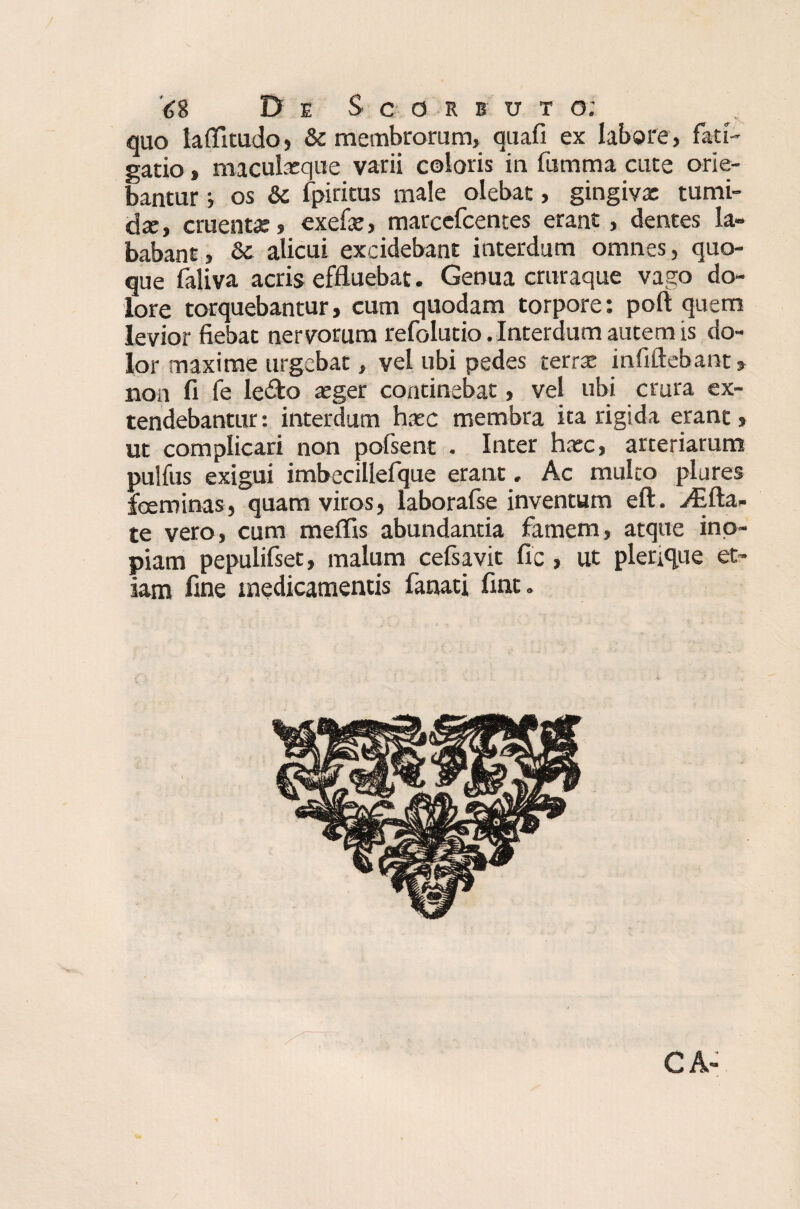 quo laffmido, & membrorum, quafi ex labore, fati¬ gatio , maculaeque varii coloris in fumma cute orie¬ bantur •, os & fpiritus male olebat, gingivae tumi¬ dae, cruentae j exefae, marcefcentes erant, dentes la¬ babant, & alicui excidebant interdum omnes, quo¬ que faliva acris effluebat. Genua cruraque vago do¬ lore torquebantur, cum quodam torpore: poft quem levior fiebat nervorum refolutio. Interdum autem is do¬ lor maxime urgebat, vel ubi pedes terras infiftebant y non fi fe le£to aeger continebat, vel ubi crura ex¬ tendebantur : interdum haec membra ita rigida erant, ut complicari non pofsent . Inter haec, arteriarum pulfus exigui imbecillefque erant, Ac mulco plures jfeeminas, quam viros, laborafse inventum eft. ^fla¬ te vero, cum meffis abundantia famem, atque ino¬ piam pepulifset, malum cefsavit fic, ut pleraque et¬ iam fine medicamentis fanati fint.