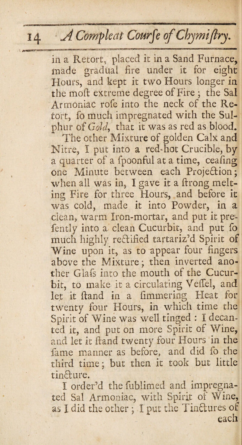 14 A Comp leaf Courfe of Chymijlry. in a Retort, placed it in a Sand Furnace, made gradual fire under it for eight Hours, and kept it two Hours longer in the mod extreme degree of Fire ; the Sal Arrnoniac rofe into the neck of the Re¬ tort, fo much impregnated with the Sul¬ phur of Gold., that it was as red as blood. The other Mixture of golden Calx and Nitre, I put into a red-hot Crucible, by a quarter of a fpoonful at a time, ceafing one Minute between each Projection; when all was in, I gave it a ftrong melt¬ ing Fire for three Hours, and before it was cold, made it into Powder, in a clean, warm Iron-mortar, and put it pre- fently into a clean Cucurbit, and put fo much highly rectified tartariz’d Spirit of Wine upon it, as to appear four fingers above the Mixture; then inverted ano¬ ther Glafs into the mouth of the Cucur¬ bit, to make it a circulating Veflel, and let it {land in a fimmering Heat for twenty four Hours, in which time the Spirit of Wine was well tinged : I decan¬ ted it, and put on more Spirit of Wine, and let it ft and twenty four Hours in the fame manner as before, and did io the third time; but then it took but little tinCture. I order’d the fublimed and impregna¬ ted Sal Arrnoniac, with Spirit of Wine, as I did the other : I put the TinCtures of each