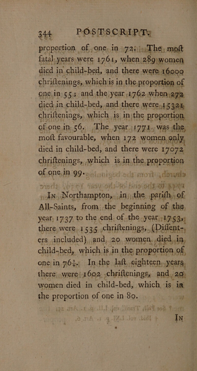 proportion | of one, in 72), urThe, moft fata), years) were 1761, when: 289 women died i in. child- bed, and there were 16009 chriftenings, which is in the.proportion of one.in553 and the year 1762, when.ega died j in child-bed, and there were,1 1s 32% chriftenings, which 1S in} the BrepeRam of.one i in 56. The. year .1771.. was moft favourable, when 172 women, 9 a died in child-bed, and there were 17072 chyideninetn which isin the proportion — of one.in 99... d sdx mont .dowala 3 6 bnstons 28 RINT firm, i Es os in in, the parith,, of Alk-Seinss, from: the pegintiog of the, year, 17.37 to the end of .the. Yeat 1753%) there were 1535 ,chriftenings,. (Diffent-, ers included), and, 20. women. ;died..1 in, child-bed, which is in the proportion, of, onein 763. Inthe laft, eighteen, years, there .were|1602. chriftenings, and, 29) &amp; women died in child-bed, which is im the proportion of one in go. ; - In.