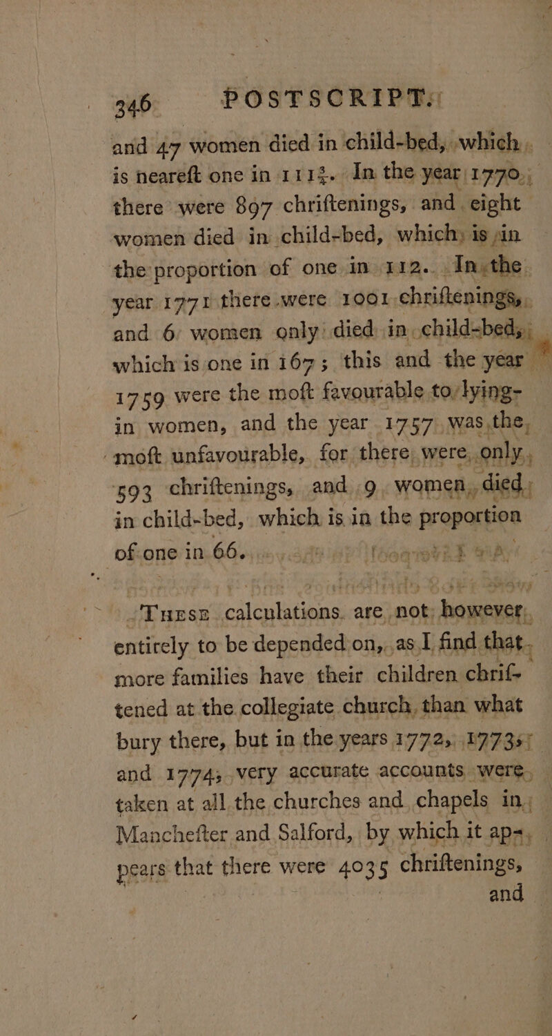 and 47 women died in child-bed, which. is neareft one in 111%. In the year 7 oe there were 897 chriftenings, and. eight women died in child-bed, which) is in the proportion of one im 112. Inthe year 1771 there were 1001, chriftenings, . and 6 women only died in child-bed,, which is one in 167; this and the year 1759 were the ve favourable to/lying- in women, and the year 1757 was,the, -moft unfavourable, for there were, only. 593 chriftenings, and 9 women,, died ; in child-bed, which isin the proportion of.one in BA iis y ate fAoaieynd BAY  Tues calculations. are not; however), entirely to be depended on,,,as.I find that. more families have their children chrif= tened at the collegiate church, than what bury there, but in the years 17725, .177357 and 17745 very accurate accounts were, taken at all the churches and. chapels in; — Manchefter and Salford, by which it ap=, _ pears that there were ee chriftenings, and —