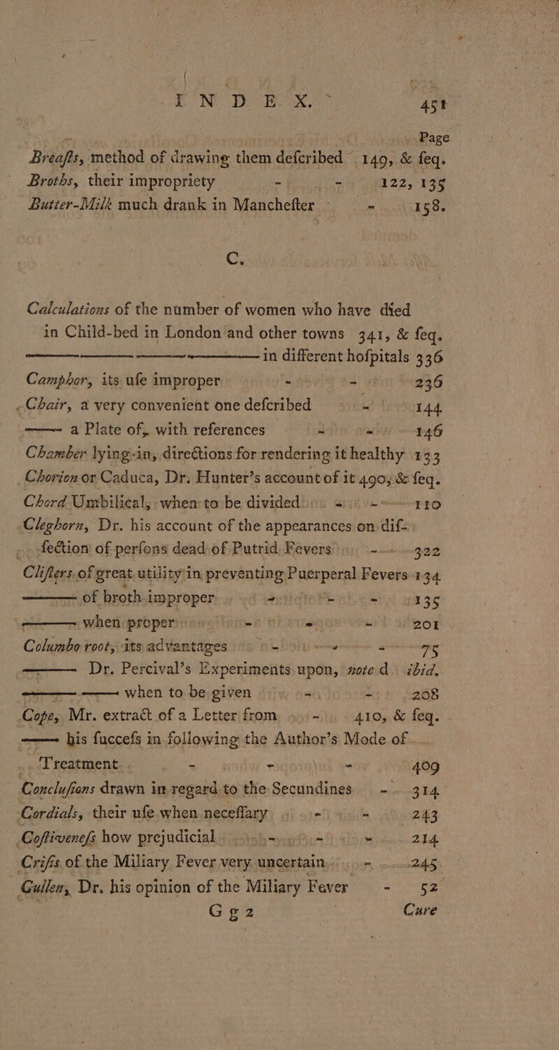 G Ne Dee ays, 4S . Page Breapts, i of drawing them detaaher’ 149, &amp; feq. Broths, their i impropriety - - 122,139 Butter-Milt much drank in Manchefter | - 1538. Cy Calculations of the namber of women who have died in Child-bed in London and other towns 341, &amp; feq. ——— in different hofpitals 336 Camphor, its ufe improper ie - 236 Chair, 2 very convenient onedefcribed ~~ 144 a Plate of, with references os - 5 146 Chamber lying-in, directions for rendering it healthy 13 3 Chorion or Caduca, Dr, Hunter’s account of it 490; &amp; feq. Chord Umbilical, when to be divided). 40 2-110 Cleghorn, Dr. his account of the appearances on dif=) ~ fection of perfons dead of Putrid Fevers). --- 322 Clifters. of great utility'in preventing piers Fevers 134 of broth i improper asviqiobabosr;| 99365 when proper’: ©» =f EB hee i 201 Columbo root, its advantages 5 6 - ne eae Dr. Percival’s Experiments upon, noted. sbid. —— when to be given =) -:) 208 Copey Mr, extract of a Letter from ah 410, &amp; *4- — his faccefs in following the Author’s Mode of... _ Treatment. . - - - A409 Concluf ons drawn in een to the Secundines. -. 314 Cordials, their ufe when neceflary, 6 9-5 = 243 Coftivenefs how prejudicial.) .-.90.- - 214 Crifis of the Miliary Fever very. uncertain = 245. Guillen, Dr, his opinion of the Miliary F ever og Ge2 Cure