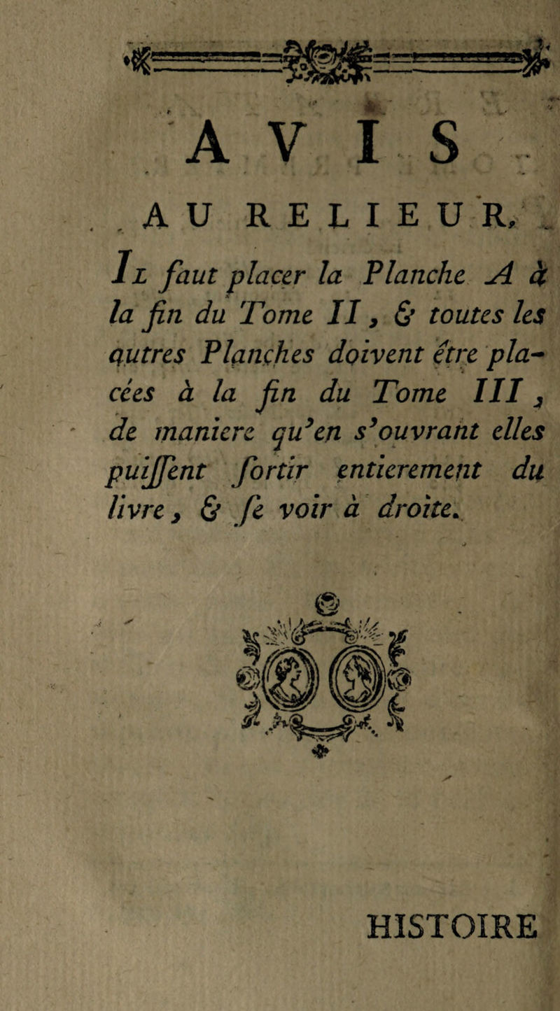 AVIS AU RELIEU R, . Il faut placer la Planche yl à la fin du Tome II9 & toutes les autres Planches doivent être pla¬ cées à la jin du Tome III3 de maniéré qu’en s’ouvrant elles puijfent fortir entièrement du livre y & fe voir à droite. HISTOIRE