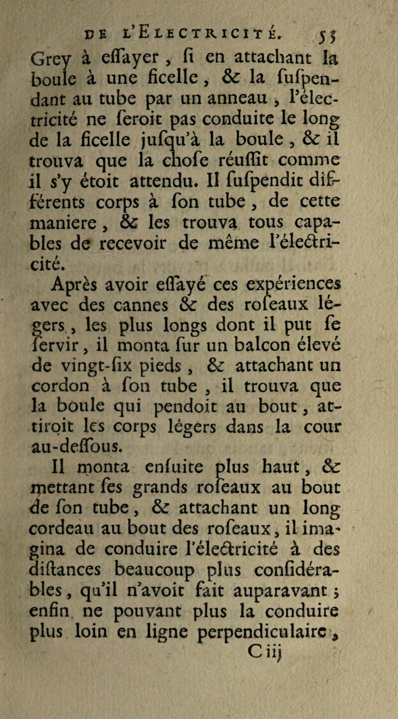 Grcy à eflayer , fi en attachant la boule à une ficelle, 3c la fufpen- dant au tube par un anneau , l’élec- tricité ne ferait pas conduite le long de la ficelle jufqu’à la boule , il trouva que la chofe réufïit comme il s’y étoit attendu. Il fufpendit dif¬ férents corps à fon tube , de cette maniéré, & les trouva tous capa¬ bles de recevoir de même l’éle&ri- cité. Après avoir eflayé ces expériences avec des cannes 3c des roféaux lé¬ gers , les plus longs dont il put fe fervir , il monta fur un balcon élevé de vingt-fix pieds , 3c attachant un cordon à fon tube , il trouva que la boule qui pendoit au bout, at¬ tirait les corps légers dans la cour au-deffous. Il monta enfuite plus haut, 3c rpettant fes grands rofeaux au bout de fon tube, 3c attachant un long cordeau au bout des rofeaux, il ima¬ gina de conduire l’éleâricité à des diflances beaucoup plus confidéra- bles, qu’il n’avoit fait auparavant $ enfin ne pouvant plus la conduire plus loin en ligne perpendiculaire * Ciij