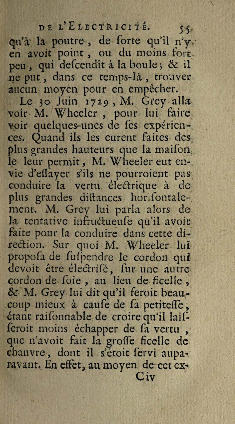 qu’à la poutre , de forte qu’il n’y en avoit point , ou du moins fort- peu , qui defcendît à la boule j & il ne put, dans ce temps-là , trouver aucun moyen pour en empêcher. Le 30 Juin 1729 , M. Grey alla voir M. Wheeler , pour lui faire voir quelques-unes de fes expérien¬ ces. Quand ils les eurent faites des plus grandes hauteurs que la maifon le leur permit, M. Wneeler eut en¬ vie d’elïayer s’ils ne pourroient pas conduire la vertu électrique à de plus grandes di (tances ho ri fon râle¬ ment. M. Grey lui parla alors de la tentative infruCtueufe qii’il avoit faite pour la conduire dans cette di¬ rection. Sur quoi M. Wheeler lui propofa de fu(pendre le cordon qui devoit être éleCtrifé, fur une autre cordon de foie , au lieu de ficelle ? fk M. Grey lui dit qu’il feroit beau¬ coup mieux à caufe de fa petitelfe, étant raifonnable de croire qu’il laif- feroit moins échapper de fa vertu , que n’avoit fait la grolfe ficelle de chanvre, dont il s’étoit fervi aupa¬ ravant. En effet, au moyen de cet ex- Civ