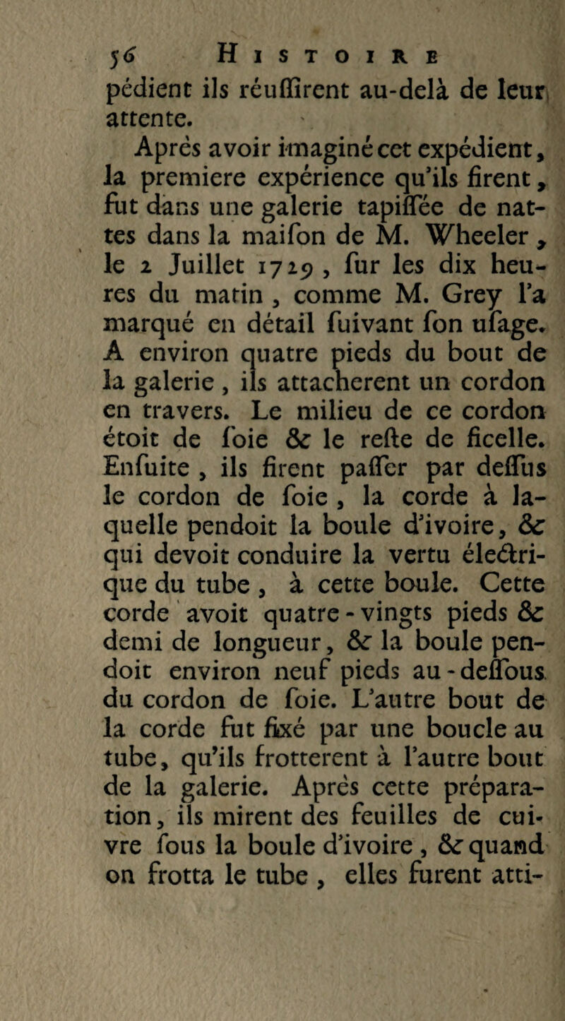 pédienc ils réuffirent au-delà de leur attente. Après avoir imaginé cet expédient, la première expérience qu’ils firent, fut dans une galerie tapiflee de nat¬ tes dans la maifon de M. Wheeler , le 2 Juillet 1719 , fur les dix heu¬ res du marin , comme M. Grey l’a marqué en détail fuivant fon ufage. A environ quatre pieds du bout de la galerie , ils attachèrent un cordon en travers. Le milieu de ce cordon étoit de foie & le refte de ficelle. Enfuite , ils firent pafler par delfus le cordon de foie , la corde à la¬ quelle pendoit la boule d’ivoire, ôc qui devoit conduire la vertu éle&ri- que du tube , à cette boule. Cette corde avoit quatre - vingts pieds Sc demi de longueur, fk la boule pen¬ doit environ neuf pieds au-deflous. du cordon de foie. L’autre bout de la corde fut fixé par une boucle au tube, qu’ils frottèrent à l’autre bout de la galerie. Après cette prépara¬ tion, ils mirent des feuilles de cui¬ vre fous la boule d’ivoire , fk quand on frotta le tube , elles furent atti-
