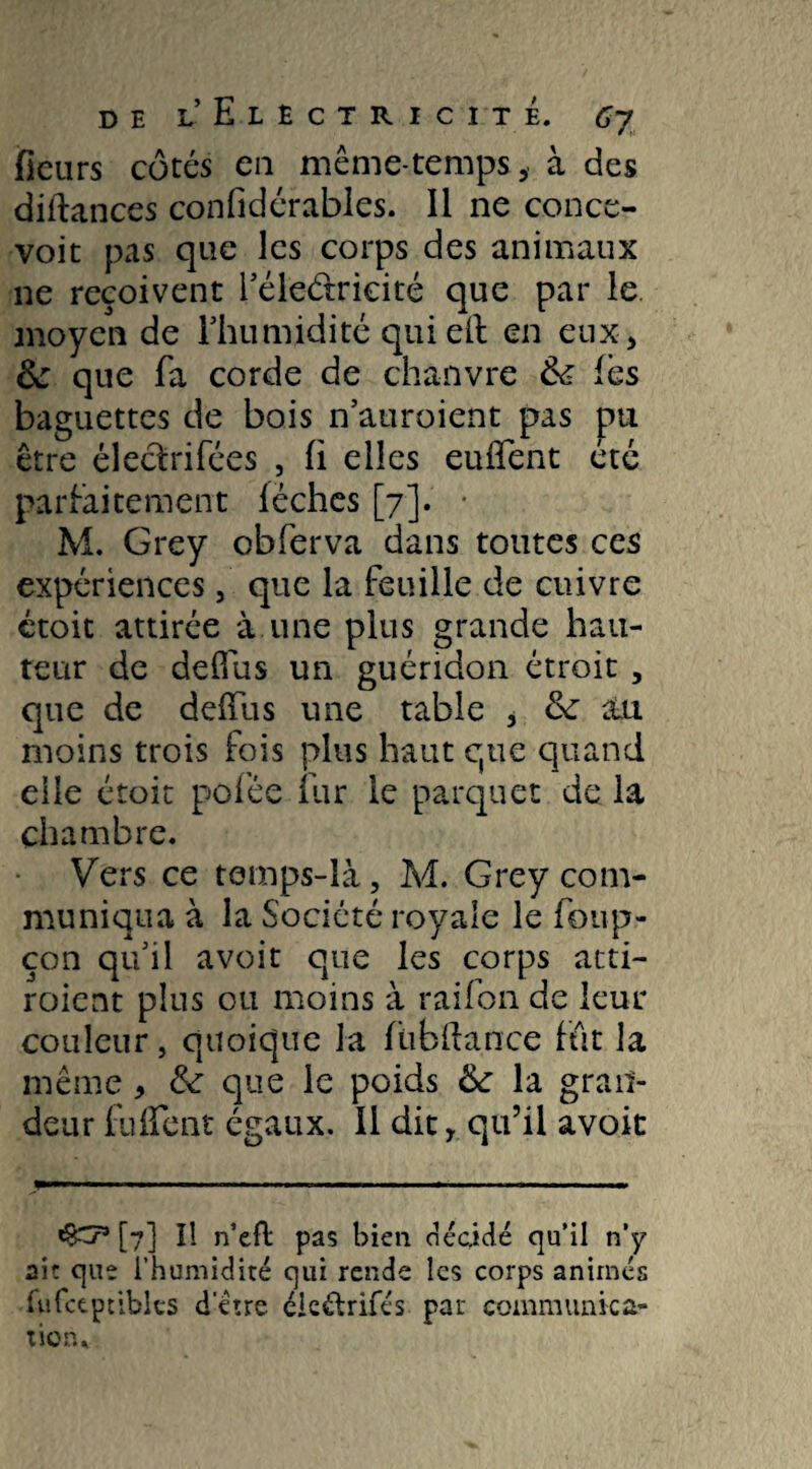 fleurs côtés en même-temps,, à des diltances confidérables. Il ne conce¬ voir pas que les corps des animaux ne reçoivent Téleélricité que par le moyen de l’humidité quieft en eux, & que fa corde de chanvre & les baguettes de bois n’auroient pas pu être électrifées , (i elles euifent été parfaitement lèches [7]. ■ M. Grey obferva dans toutes ces expériences, que la feuille de cuivre ctoit attirée à une plus grande hau¬ teur de defius un guéridon étroit , que de delfus une table , &: au moins trois fois plus haut que quand elle étoit pofée iur le parquet de la chambre. Vers ce temps-là, Ad. Grey com¬ muniqua à la Société royale le foup- çon qu’il avoir que les corps atti¬ raient plus ou moins à raifon de leur couleur, quoique la fubdance fût la même * & que le poids <te la gran¬ deur fuflent égaux. II dit, qu’il avoit [7] Il n’eft pas bien décidé qu’il n’y ait que l’humidité qui rende les corps animés fufctptiblcs d'étre éieélrifés par communica¬ tion.