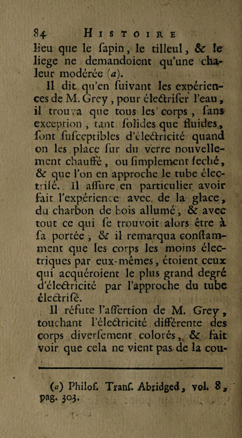 lieu que le fapin, le tilleul, & le liege ne demandoient qu’une cha¬ leur modérée (a), 11 dit qu’en fui van t les expérien¬ ces de M. Grey , pour éleélrifer l’eau, il trouva que tous les'corps, fans exception , tant foîides que fluides, font fufceptibles d’éleélricité quand on les place fur du verre nouvelle¬ ment chauffé , ou Amplement feché, que l’on en approche le tube élec- tîilé. Il allure en particulier avoir fait l’expérience avec de la glace, du charbon de hors allumé , & avec tout ce qui fe trou voit alors être à fa portée , &r il remarqua conftam- ment que les corps les moins élec¬ triques par eux-mêmes, étoient ceux qui acquéroient le plus grand degré d’éleéfcricité par l’approche du tube électrifé. Il réfute l’affertion de M. Grey , touchant l’éleélricité différente des corps diverfement colorés, &: fait voir que cela ne vient pas de la cou- (a) Philof. Tranf. Abridged, voL 8» pag. 303.