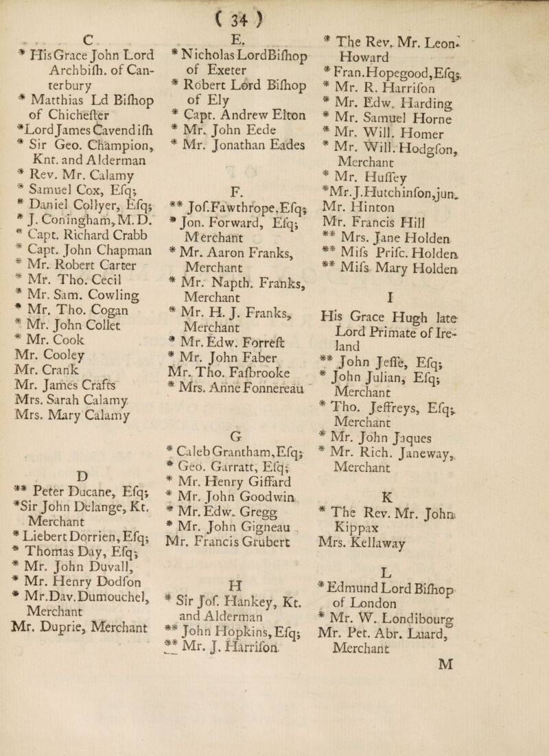 , , c * His Grace John Lord Archbilh. of Can¬ terbury * Matthias Ld Bifhop of Chichefter ^Lord James Cavendifti * Sir Geo. Champion, Knt. and Alderman * Rev. Mr. Calamy * Samuel Cox, Efq; * Daniel Collyer, Efq; * J. Con ingham^M.D. * Capt. Richard Crabb ■ Capt. John Chapman * Mr. Robert Carter * Mr. Tho. Cecil * Mr. Sam. Cowling * Mr. Tho. Cogan * Mr. John Collet * Mr. Cook Mr. Cooley Mr. Crank Mr. James Crafts Mrs. Sarah Calamy Mrs. Mary Calamy D Peter Ducane, Efq; *Sir John Delange, Kt, Merchant * Liebert Dorrien, Efq; * Thomas Day, Efq; * Mr. John Duvall, * Mr. Henry Dodfon * Mr.Dav.Dumouchel, Merchant Mr. D-uprie, Merchant ( 34 ) E. * NicholasLordBifhop of Exeter * Robert Lord Bifhop of Ely * Capt. Andrew Elton * Mr. John Eede * Mr. Jonathan Eades F. ** Jof.Fawthrope,Efq-, * Jon. Forward, Efq; M erchant * Mr. Aaron Franks, Merchant * Mr. Napth. Franks, Merchant * Mr. H. J. Franks, Merchant * Mr. Edw. Forreft * Mr. John Faber Mr., Tho. Fafbrooke * Mrs. Aririe Fonnereau G * Caleb Grantham,Efq; * Geo. Garratt, Efq; * Mr. Henry Giffard * Mr. John Goodwin * Mr. Edw. Gregg * Mr. John Gigneau Mr. Francis Grubert H * Sir Jof. Han key, Kt. and Alderman ** John Hopkins, Efq; !! Mr. J. Harrifoa * The Rev.. Mr. Leon- Howard * Fran.HopegoodjEfq;; * Mr. R. Harrifon * Mr. Edw. Harding f Mr. Samuel Horne Mr. Will. Homer * Mr. Will. Hodgfon, Merchant * Mr. Hu hey *Mr. J. Hu tc h in fon ,j u Mr. Hinton Mr. Francis Hill ** Mrs. Jane Holden ** Mils Prifc. Holden ** Mifs Mary Holden I His Grace Hugh late Lord Primate of Ire¬ land ** John Jefle, Efq; * John Julian, Efq; Merchant * Tho. Jeffreys, Efq; Merchant * Mr. John Jaques * Mr. Rich. Janeway, Merchant K * The Rev. Mr. John Kippax Mrs. Kellaway L * Edmund Lord Bifhop of London * Mr. W. Londibourg Mr. Pet. Abr. Luard, Merchant M