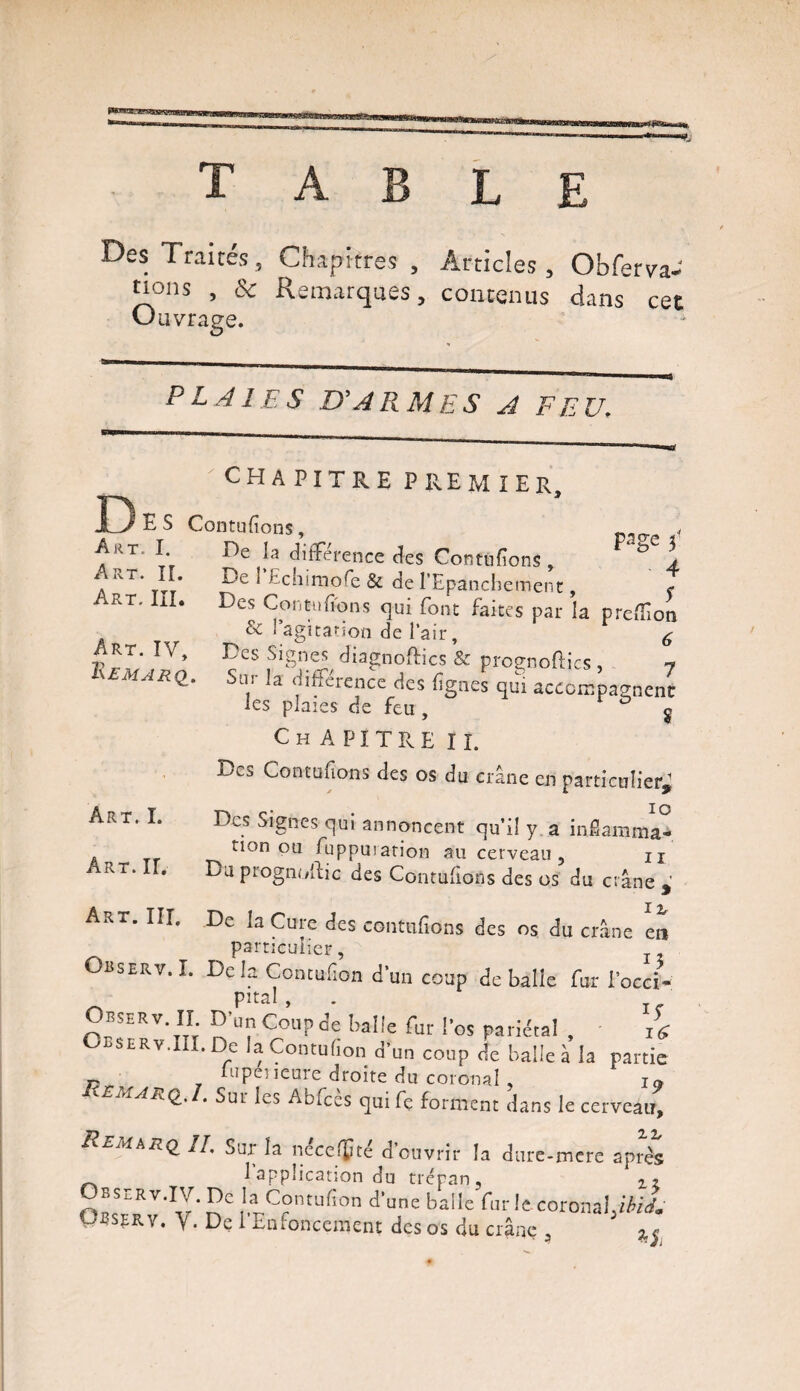 table Des Traités, Chapitres , Articles, Obferva- tions , & Remarques, contenus dans cet Ouvrage. P L A î E S D'A R MES A FE U. Art. II. Art. III. Art. IV, 2\EMARQ. CHAPITRE PREMIER D S Contufions, 0 4 Art. I. De la différence des Contufions , ^ \ ■L'C I Echimofe & de l’Epanchement, c Des Contufions qui font faites par la prefllon & l’agitation de l’air, 6 Des Signes^ diagnoftics & prognoftics , y oa. la différence des lignes qui accompagnent les places de feu, ° g Chapitre il Dl5 Contufions des os du crâne en particulier^ Des Signes qui annoncent qu’il y a inflamma¬ tion ou fuppuiation au cerveau, u Du prognolfic des Contufions des os du crâne , Art. III. De la Cure des contufions des os du crâne en particulier, r O iis er v. ï. De la Concufion d'un coup déballé for l'occi- Oeserv II Dun Coup de balle fur l'os pariétal , if, Oeserv.III. De laContufion d'un coup de balle à la partie lupenenre droite du coronal, i„ Sur les Abfcès qui Ce forment dans le cerveau, Remmiq //. jur la neceltte d’ouvrir la dure-mere après 1 application du trépan, 2? Observ.IV. De la Contufion d'une balle fur le coronal,ibid. Csserv. y. De 1 Enfoncement des os du crâne , ^ Art. I. Art.IL