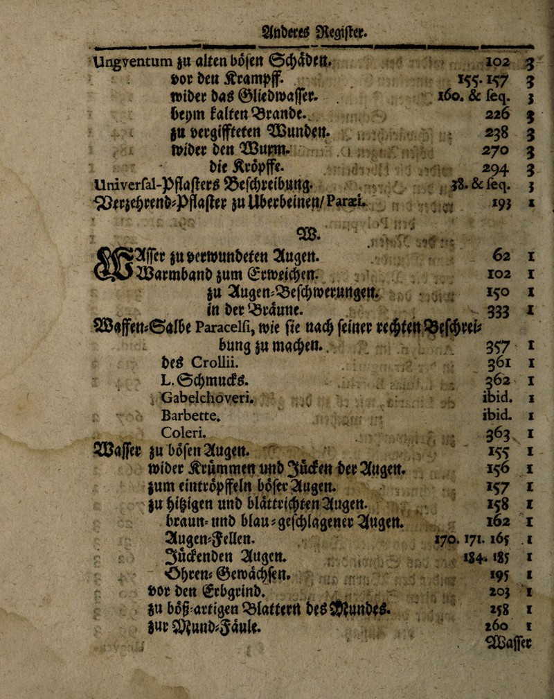 Sfobews üKegifter. Ungventum JU alten böjett 0d)4ö((t. »or beit Äcampjf. »Iber bas ©Iteöroaffer. . beprn l'alfen QJranbe. gu »eegiffeeten ‘Sßunben. j»ib« bftt QCBurm. i; ; bie Äeopffe. Univerfal-PPfo^CtÖ 93tfcl)retbUrtg. 533f r$ebeenb«Pfla(ler }tt Überbeinen/ ParaeL 102 m 157 160. & feq. 226 238 270 294 38» & feq. m 20. »'SCffer ju ©ccwunöcfett SBarmbanb pm ©ettmeben. p 2(ugett;Q3e|cbwetUttgen. in ber V8t4utte. 2Saffett«<Sal&e Paraceifi, wie fie nach ferner re#fettQ5ef(beei* bung p machen.. : / ■ beÖ Crollii. L. ©cbmncfn. Gabelchoveri. ■ ' _ , : Barbette. Coleri. SBaffee p bofen Singen. wibet Ärummcn ltnb ^tiefen ber Singen, jum cmtcopjfeln bofecStugen. p $$igtn unb blätfttcbfett Singen, braun» tmb blau «gejcblagener Singen. angen^tHcn. Sucfenben Singen. »Obren« ©erodebfen. * »or ben (gtbgcmb. P bof ureigen flattern be$S$?Uttbe& pr ®Jnnb«3'4ule. 62 102 150 333 .... 357 361 362 ibid. ibid. 363 155 *57 IS8 162 170.171. 165 i$4>*85 195 203 *58 x6o 3 3 I 3 3 3 3 l X I r 1 1 1 1 1 1 1 1 1 x x 1 1 1 X I I X I SBftflfc