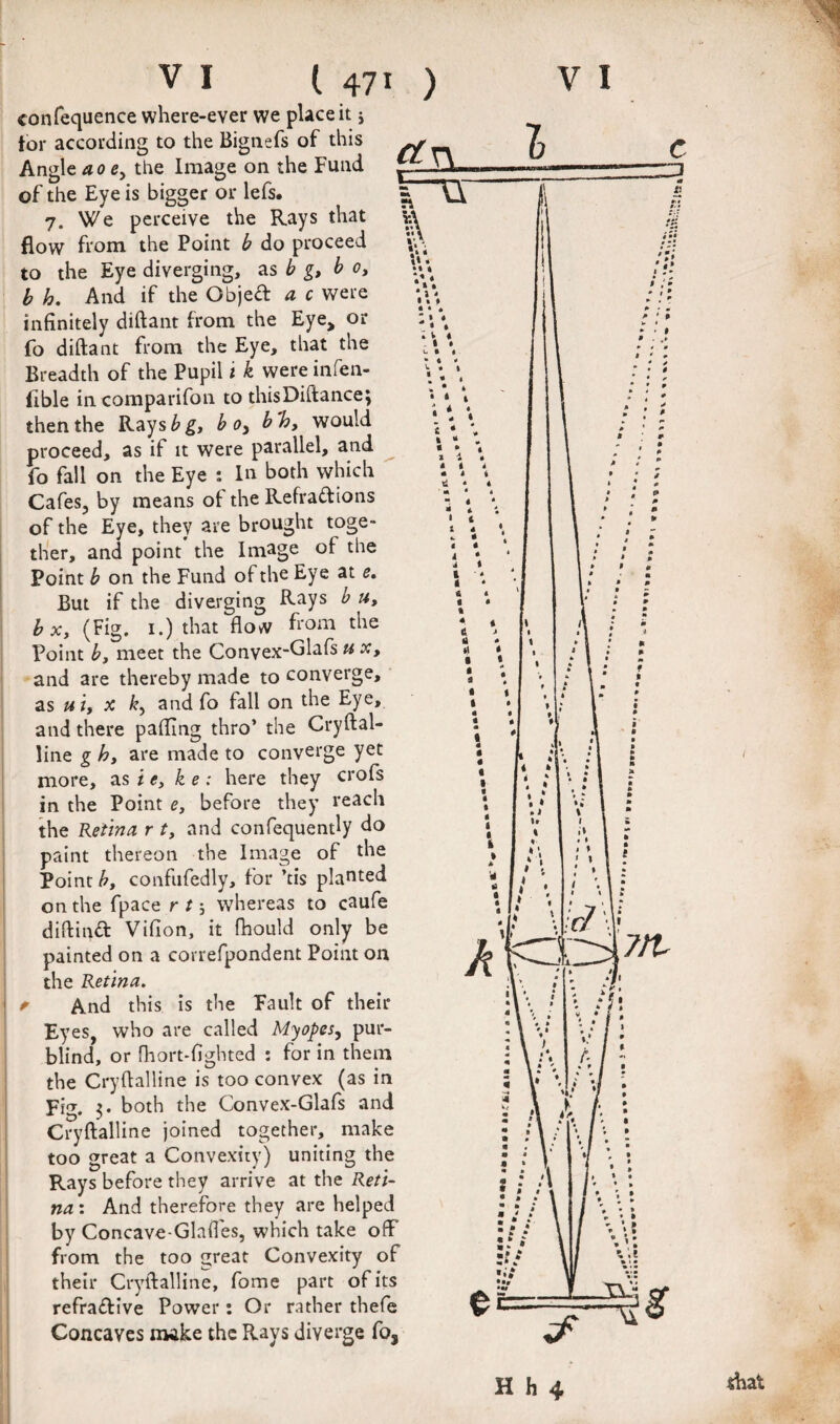confequence where-ever we place it j tor according to the Bignefs of this Angle 4 0 e, the Image on the Fund of the Eye is bigger or lefs. 7. We perceive the Rays that flow from the Point b do proceed to the Eye diverging, as ^ b 0, b h. And if the Objed a c were infinitely diftant from the Eye, or fo diftant from the Eye, that the Breadth of the Pupil i k were infen- tible in comparifon to thisDiftancej then the Rays^^, b 0^ b'h, would proceed, as if it were parallel, and ^ fo fall on the Eye : In both which  Cafes, by means ol the Refradions of the Eye, they are brought toge¬ ther, and point the Image of the Point b on the Fund of the Eye at e. But if the diverging Rays b «, bx, (Fig. I.) that flow from the Point b, meet the Convex-Glafs « and are thereby made to converge, 2.S ui, X a nd fo fall on the Eye, and there pafling thro’ the Cryftal- line g hy are made to converge yet more, as i <?, k e : here they crofs in the Point Cy before they reach the Retina r r, and confequently do paint thereon the Image of the Point by confiifedly, for ’tis planted on the fpace r/; whereas to caufe diftind Vifion, it fhould only be painted on a correfpondent Point on the Retina. p And this is the Fault of their Eyes, who are called Myopes^ pur¬ blind, or fliort-fighted : for in them the Cryftalline is too convex (as in Fig. 3. both the Convex-Glafs and Cryftalline joined together, make too great a Convexity) uniting the Rays before they arrive at the Reti¬ na'. And therefore they are helped by Concave-GIafl'es, which take ofF from the too great Convexity of their Cryftalline, fome part of its refradive Power: Or rather thefe Concaves make the Rays diverge fo,