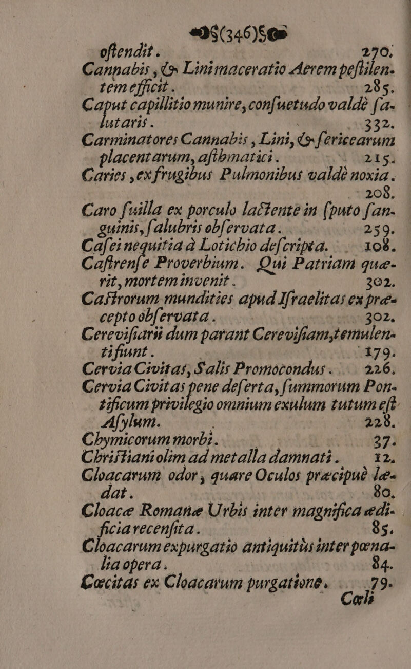 |... *9$(346)5G5 oftendit. 270. Canpabis ,(» Linimaceratio Aerem pe[lilen- tem efficit. | - 285. Caput capillitio munire, con[uetudo valde fa- utaris. EDAD 33332. Carminatorei Cannabis , Lini, d, fericeavum placentarum, afibmatici . N gas Caries ,exfrugibus Pulmonibus valdé noxia. .* 208. Caro fuilla ex porculo lacfeute in (puto fan. guinis, [ alubvis obferoata .. 259. Ca[ei nequitia à Lotichio defcripta. |... 108. Cfrenf^ Proverbium. Qui Patriam que- vit,morteminoenit . | | 302. Cafirorum mundities apud Ifraelitas ex prae ceptoobferoata. 302. Cerevifiarii dum parant Cereviframytemulen- Ltifiunt . 179. Cervia Ciitat, Salis Promocondus ...... 326, Cervia Civitas fue deferta, fummorum Pon- £ificum privilegio omnium exalum tutum eft Afylum. 228. Cbymicorummorbi..——— : 37. Cbriffianiolim ad metalla damnati. — x2, Gloacarum odor , quare Oculos praecipue de- dat. PUT 8o. Cloace Romane Urbis inter magnifica edi. ficiarecenfita . 95. Cloacarum expurgatio antiquitus inter poena- bBaopera.. | 84. Cocitas ex Cloacarum purgattoné. ....79. | | Cel