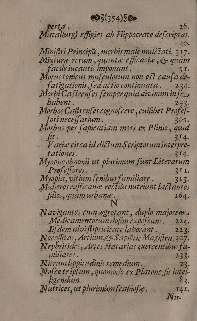 «e95654)5€» [42 rid. | 26. Matallurgi effigies ab Hippocrate defcriptas. ; dn 30. Minifiri Principa morbis malé mul£tati. 217. Mixiure rerum ,quante effcacie ,do. quàm facile iucauttis imponant JOnSEE T. Motus tonicus mu[culorum non eft cau['a de- fatigationis, fed actio continuata. |... 234. Morbi Caftren[es femper quid divinum in [e, babent. —— jy TO GA Morbos Caftenfes cogno[cere , cuilibet Profe[- fori nece[fariam . 205. Morbus per [apientiam mori ex Plinio , quid T E | 314- F arie circa id diium Scriptorum interpre- tationes. EM; 214. Myopie obnoxil wt plurimum funt Literarum . Prefeff ores . ' 211r. yop; vitium [t AAA] TRAN : 312. Mulieres vaflicanee reétiàis nutriunt laétantes filios, quàmurbane ...—. 164. ^ dne - z S WM m N s : Navigantes cum egrotant , duplo majorem, Medicamentorum dofum expofcunt.—.224. Fi[ dem alvi füpticitate laboragt. |. 223. Necelfit as, Artium,G- S apiétie Magiflra. 307. Nepbritides, vtes flatarias exercentibusfa- miliaves .- NEA 233. Nitrum lippitudinisremedium...—-—— 22. Nofce te ipfum ,quomodo ex Platone fit intel- Lendum. — HUTIS RD 2. Nutrices, ut plurimiinfcabiofe. ..—— 141. Hu-