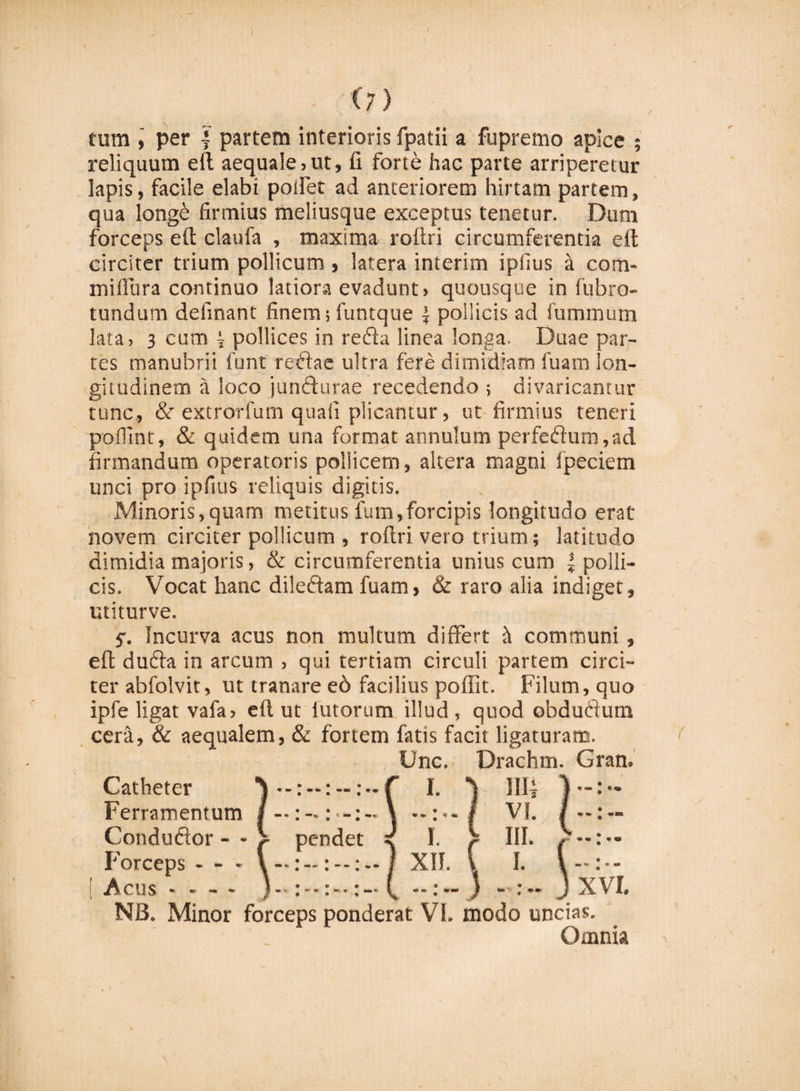 tum , per f partem interioris fpatii a fupremo apice reliquum eft aequale, ut, fi forte hac parte arriperetur Iapis, facile elabi pollet ad anteriorem hirtam partem, qua long£ firmius meliusque exceptus tenetur. Dum forceps eft claufa , maxima roftri circumferentia eft circiter trium pollicum , latera interim ipfius a com- mifiura continuo latiora evadunt» quousque in fubro- tundum delinant finem;funtque \ pollicis ad fummum lata, 3 cum ~ pollices in reda linea longa. Duae par¬ tes manubrii 1'unt retiae ultra fere dimidiam fuam lon¬ gitudinem a loco i im dura e recedendo ; divaricantur tunc, &amp;r extrorfum quali plicantur, ut firmius teneri polfint, &amp; quidem una format annulum perfedum,ad firmandum operatoris pollicem, altera magni Ipeciem unci pro ipfius reliquis digitis. Minoris,quam metitus fum,forcipis longitudo erat novem circiter pollicum , roftri vero trium; latitudo dimidia majoris, &amp; circumferentia unius cum | polli¬ cis. Vocat hanc diledam fuam, &amp; raro alia indiget, utiturve. j-. Incurva acus non multum differt it communi, eft duda in arcum , qui tertiam circuli partem circi¬ ter abfolvit, ut tranare eo facilius poffit. Filum, quo ipfe ligat vafa» eft ut lutorum illud, quod obdudum cerii, &amp; aequalem, &amp; fortem fatis facit ligaturam. Unc. Drachm. Gran. Catheter 'H ) }*' Ferramentum / — \ / VL |-- Condudor - - pendet ^ I. r III. ) * • * w V^UliUUVlUl - * f pCiJUCl ^ 1. f 111. f — Forceps - - - 1 XII. V I. \ - \ Acus * - — - )• ;■*;*• •* i — ) ■ *** J XIL NB. Minor forceps ponderat VI. modo uncias. Omnia