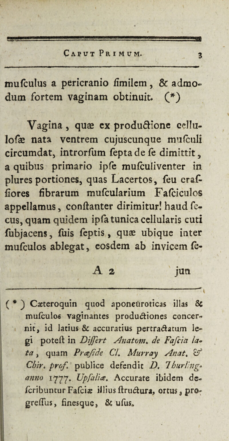 '■ l tnulculus a pericranio limilem, & admo¬ dum fortem vaginam obtinuit. (*) Vagina, quae ex produ&ione cdJu- lofae nata ventrem cujuscunque mufculi circumdat, introrfum fepta de fe dimittit, a quibus primario ipfe mufculiventer in plures portiones, quas Lacertos, feu eraf- fiores fibrarum mufcularium Falci cui os appellamus, conftanter dirimitur! haud fe- cus, quam quidem ipla tunica cellularis cuti fubjacens, (uis feptis, quae ubique inter mufculos ablegat, eosdem ab invicem Ce- A 2 juti « - ------- -irr - - -11- - 1 ( * ) Caeteroquin quod aponeuroticas illas Sc mufculos vaginantes produdiones concer¬ nit, id latius & accuratius pertradatum le¬ gi potefl in Differt An at om * de Fafcici la~ ta, quam Prcefide Cf Murray A nat, cf Chir♦ prof. publice defendit D, Iburling* anno 1777* Upfaliae, Accurate ibidem de- feribuntur Fafciae illius ftrudura, ortus 9 pro* greffus, finesque, & ufusa