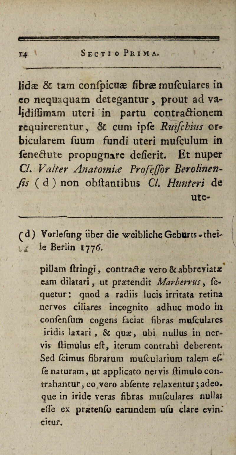 *4 lidae & tam confpicuse fibras mufcuiares in co nequaquam detegantur , prout ad va¬ lidi (finiam uteri in partu contra&ionem requirerentur, & cum ipfe Rmfcbhis or® bicularem fuum fundi uteri mufculum in fene&ute propugnare defierit* Et nuper CL Valter Anatomice Profejjbr Berolinen- Jis ( d ) non obftantibus CL Htmteri de ute- Q d ) Vorlefimg uber die vreibliche Geburts - thei-« Berlin 1776. pillam ftringi, contra&ae vero & abbreviate eam dilatari, ut praetendit Marhevrus, fe- quetur: quod a radiis lucis irritata retina nervos ciliares incognito adhuc modo in confenfum cogens faciat fibras mufcuiares iridis laxari , & quae, ubi nullus in ner¬ vis ftimulus eft, iterum contrahi deberent* Sed (cimus fibrarum mufcularium talem efc fenaturam, ut applicato nervis ftimulocon¬ trahantur, eo vero abfente relaxentur; adeo, que in iride veras fibras mufcuiares nullas efie ex prxtenfb earundem ufu clare evin¬ citur.