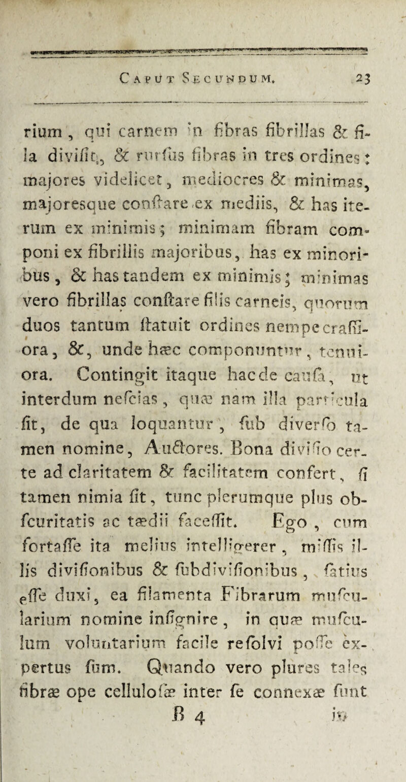 rium , qui carnem 'n fibras fibrillas & fi¬ la divi/iq, & rvirfus fibras in tres ordines: majores videlicet, mediocres & minimas, majorescue conflare.ex mediis, & has ire- rum ex minimis ; minimam fibram com¬ poni ex fibrillis majoribus, has ex minori¬ bus 5 & has tandem ex minimis; minimas vero fibrillas conftare filis carneis, quorum duos tantum liatuit ordines nempecraffi- ora, &, unde h^c componuntur, tenui¬ ora. Contingit itaque haede cauta, ut interdum neficias, quae nam illa particula fit, de qua loquantur, fiib diverfi) ta¬ men nomine, Audores. Bona diurno cer¬ te ad claritatem & facilitatem confert, fi tamen nimia fit, tunc plerumque plus ob- /curitatis ac taedii faceffit. Ego , cvm fortafie ita melius intelligerer , nrfTis il¬ lis divifionibus & fubdivifionibiis , fatius effe duxi, ea filamenta Fibrarum mufeu- larium nomine infignire , in qua5 muficu- lum voluntarium facile refblvi pofie ex- pertus fimi. Quando vero plures tales fibras ope celluloSin inter fe connexae funt B 4 i»