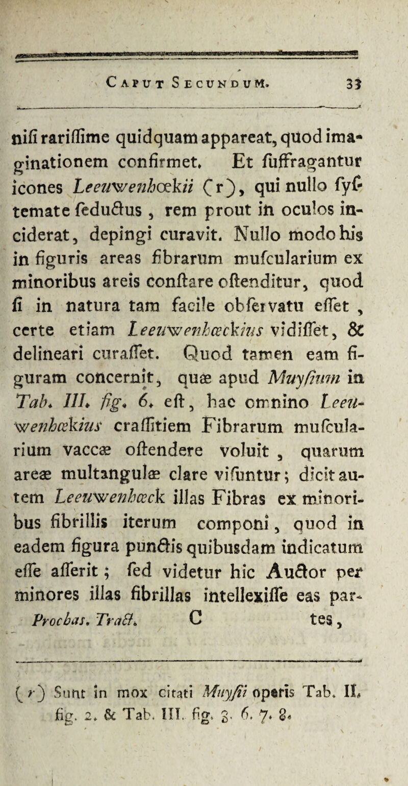 nifi rariffime quidguam appareat, quod ima¬ ginationem confirmet. Et fiiffragantur icones Leeuwenhcekii (' r), qui nullo fyf- temate ftdu&us , rem prout in oculos in¬ ciderat, depingi curavit. Nullo modo his in figuris areas fibrarum mufcularium ex minoribus areis conflare cftenditur, quod, fi in natura tam facile obfeivatu efiet , certe etiam Leeimenkceckius vidiffet, & delineari curaflet. Quod tamen eam fi¬ guram concernit, quae apud Muyfirmi in Tab« III. fig. 6. eft, hac crrnino Leeii- wenhcekius cra/litiem Fibrarum mufcula¬ rium vaccae oftendere voluit , quarum areae multangulae clare vifuntur; dicit au¬ tem Leeuwenhceck illas Fibras ex minori¬ bus fibrillis iterum componi, quod in eadem figura punftis quibusdam indicatum efTe aflerit; fed videtur hic Au&or per minores illas fibrillas intellexifle eas par- Procbas, Trabi. C tes, (_ /•) Sunt in mox citati Muy/ii operis Tab. II. fig. 2. & Tab. IIT. fig. g. 6. 7' 8«