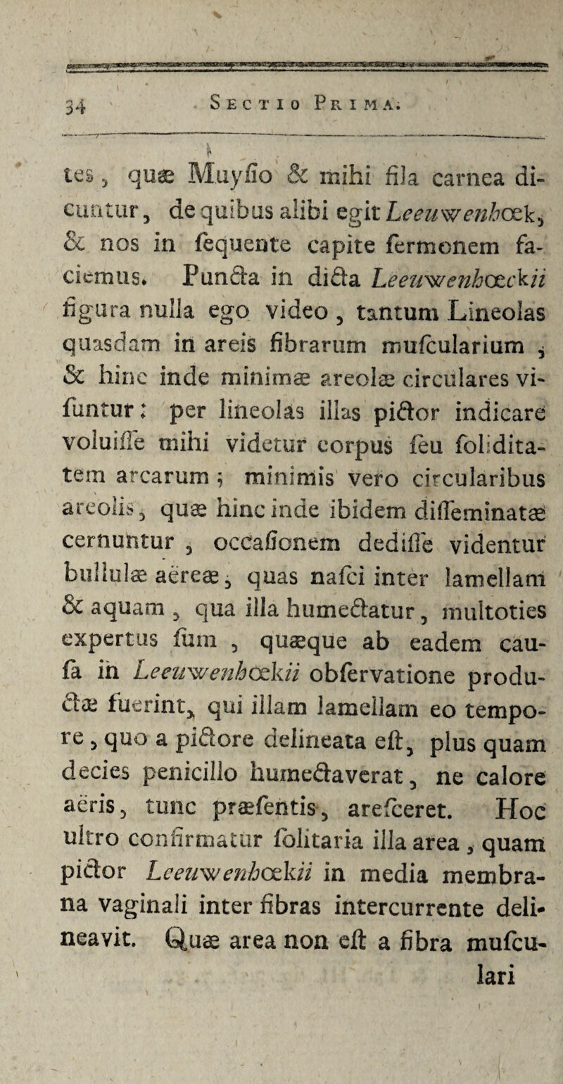 Sectio Prima. 34 ' k . . tes j quffi Muyfio & mihi fila carnea di¬ cuntur , de quibus alibi egit Leeimenhoik^ & nos in fequente capite fermcnem fa¬ ciemus. Punfta in dida Leeuwenhozckii figura nulla ego video , tantum Lineolas quasdam in areis fibrarum mulcularium j & hinc inde minimae areola: circulares vi- funturl per lineolas illas pidor indicare voluifie mihi videtur corpus feu folidita- tem arcarum minimis vero circularibus areods, quae hinc inde ibidem diffeminatae cernuntur , occafionem dedifie videntur bullulae aereae, quas nafci inter lamellam & aquam , qua illa humedatur, multoties expertus finn , quaeque ab eadem cau- la in Leeuwenbcekii obfervatione produ- cia: luerint, qui illam lamellam eo tempo¬ re } quo a pidore delineata eft, plus quam decies penicillo huxnedaverat, ne calore aeris, tunc praefentis, arelceret. Hoc ultro confirmatur folitaria illa area , quam pidor Leeuwenhcckii in media membra¬ na vaginali inter fibras intercurrente deli¬ neavit. Quae area non eft a fibra mufcu- lari