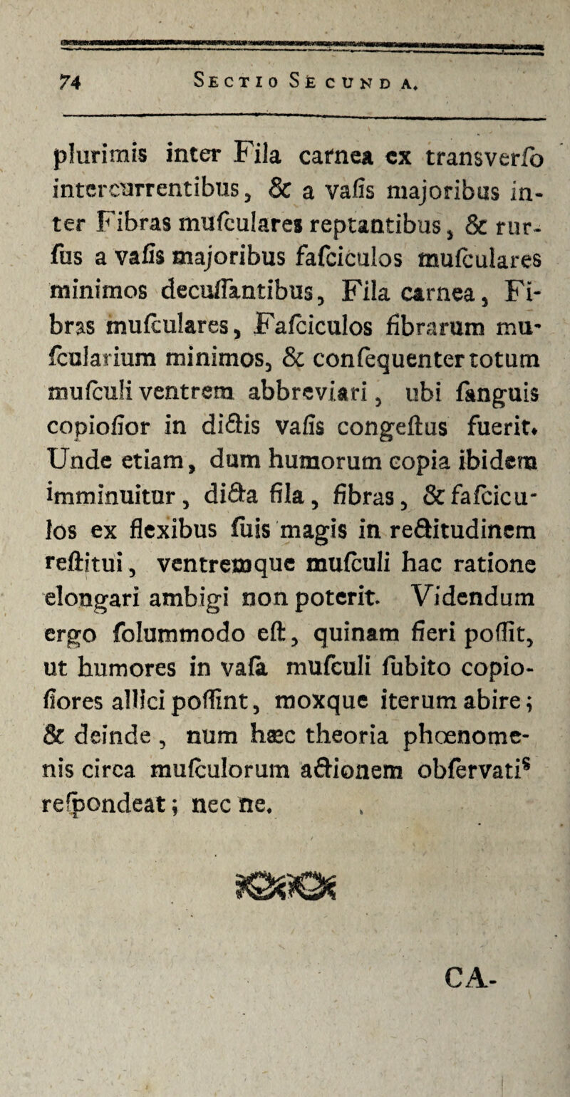 plurimis inter Fila carnea ex transver/o intercurrentibus, 8c a vafis majoribus in¬ ter Fibras mufculares reptantibus, & rur- fus a vafis majoribus fafciculos mufculares minimos decurtantibus, Fila carnea, Fi¬ bras mufculares, Fafciculos fibrarum mu* fcularium minimos, & confcquenter totum mufcuK ventrem abbreviari, ubi fanguis copiofior in di&is vafis congeftus fuerit* Unde etiam, dum humorum copia ibidern imminuitur, didafila, fibras, & fafcicu¬ los ex flexibus fiiis magis in reQitudinem reftitui, ventremque mufculi hac ratione elongari ambigi non poterit. Videndum ergo folummodo eft, quinam fieri portit, ut humores in vala mufculi fiibito copio- rtores alliciportint, moxque iterum abire; & deinde , num haec theoria phoenome- nis circa mufculorum a&ionem obfcrvati* refpondeat; nec ne. CA-