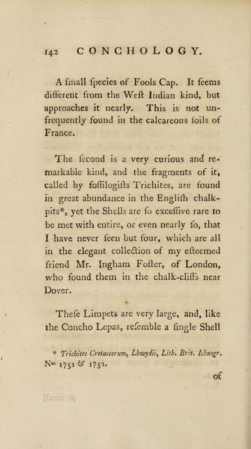 A fmall fpecies of Fools Cap. It feems different from the Weft Indian kind, but approaches it nearly. This is not un» frequently found in the calcareous (oils of Frances The fecond is a very curious and re¬ markable kind, and the fragments of it* called by foffilogifts Trichites, are found in great abundance in the Engl ilk chalk¬ pits*, yet the Shells are fo exceffive rare to r be met with entire, or even nearly fo, that I have never feen but four, which are all in the elegant coiledlion of my efteemed friend Mr. Ingham Fofter, of London, who found them in the chalk-cliffs near Dover. Thefe Limpets are very large, and, like the Concho Lepas, referable a (ingle Shell * Trichites Cretaceorum, Lhzvydii} Lith. Brit. Icbrtogr„ N®s 1751 17 of