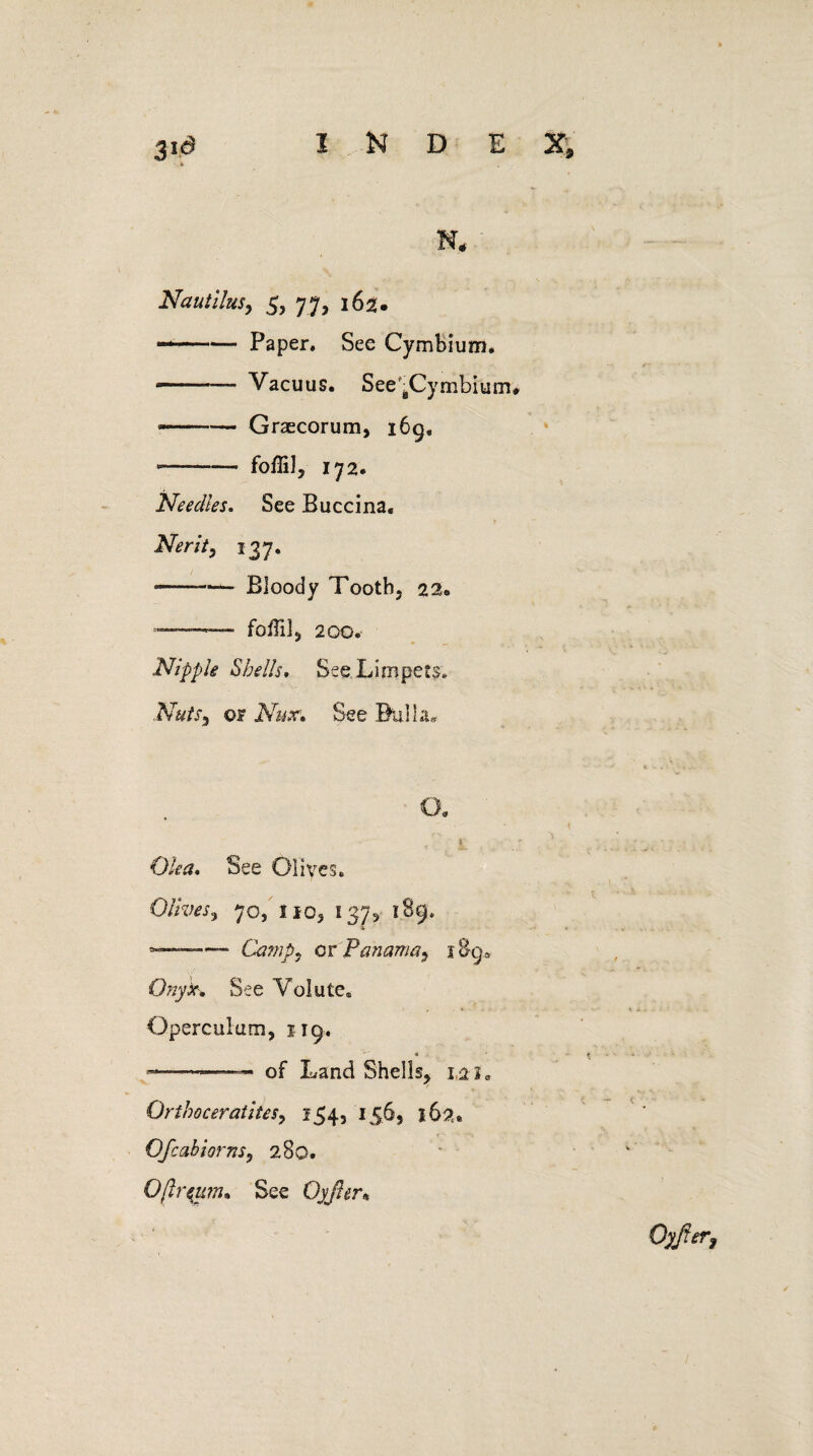 N* Nautilus, 5, 77, 162* ——*— Paper, See Cymbium, —-— Vacuus. See'-Cymbium. -- Grsecorum, 169, •-foflil, 172. Needles. See Buccina. Nerity 137. -- Bloody Tooth, 22. — foffi], 200. Nipple Shells, See Limpets, Nuts, or Nux. See Bulla* O. £ €)/<?#. See Olives® Olives, 70, Iio, 1375 189, —— Camp, or Panama, 1S9. Onyk* See Volute. Operculum, 119, « * ---of Land Shells, rale Qrthoceratites, 154, 156, 162. Ofc abler ns, 280. Oftreum* See Oyjltr* Oxfter,
